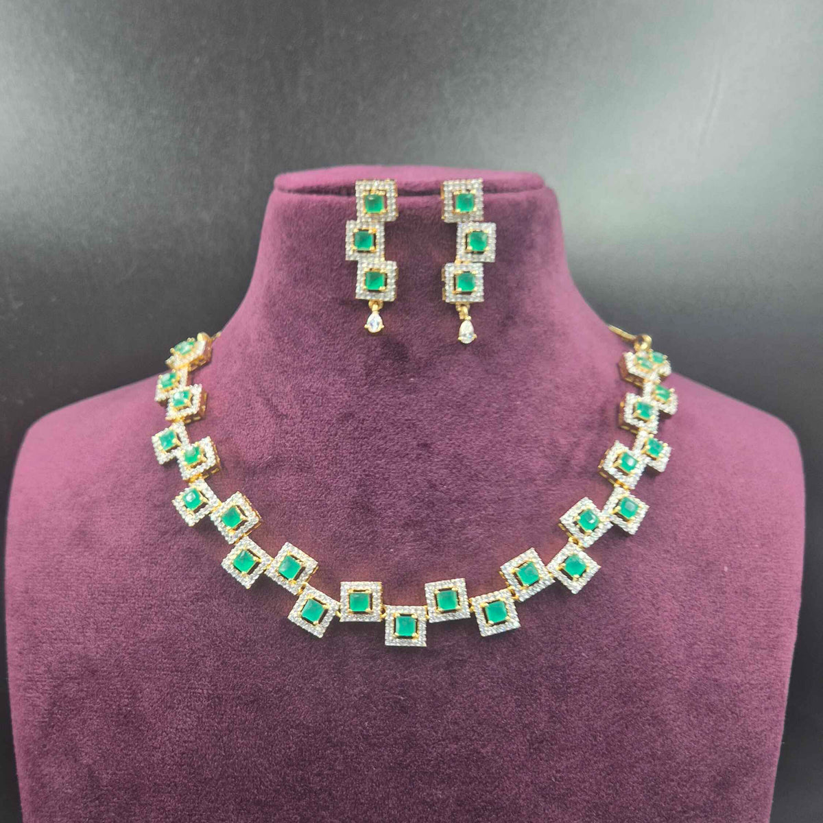 Elegant Emerald Green Square CZ Necklace Set with Matching Earrings | Jeys Jewels