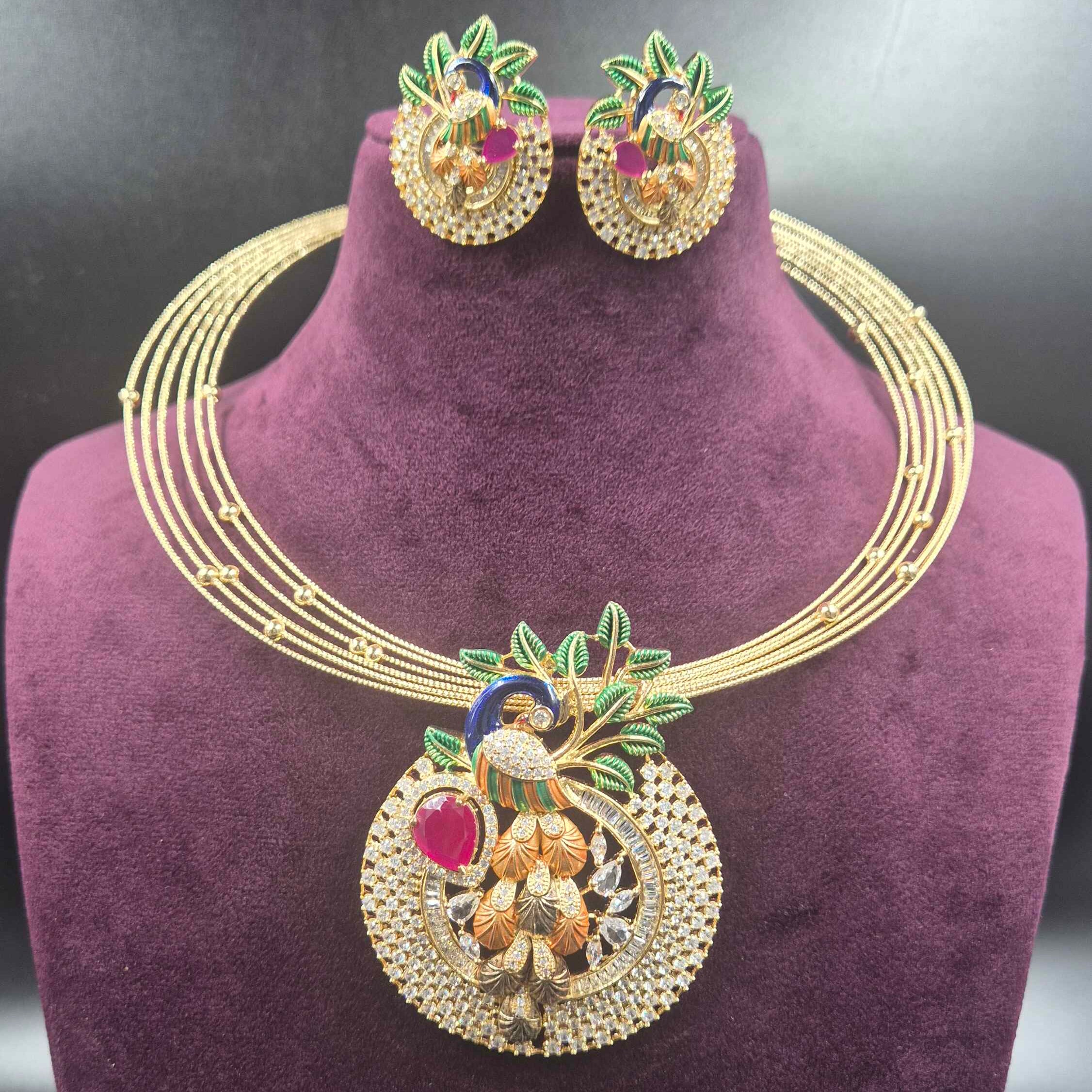 Premium Peacock Designer Necklace Set with CZ & Ruby Accents | Jeys Jewels