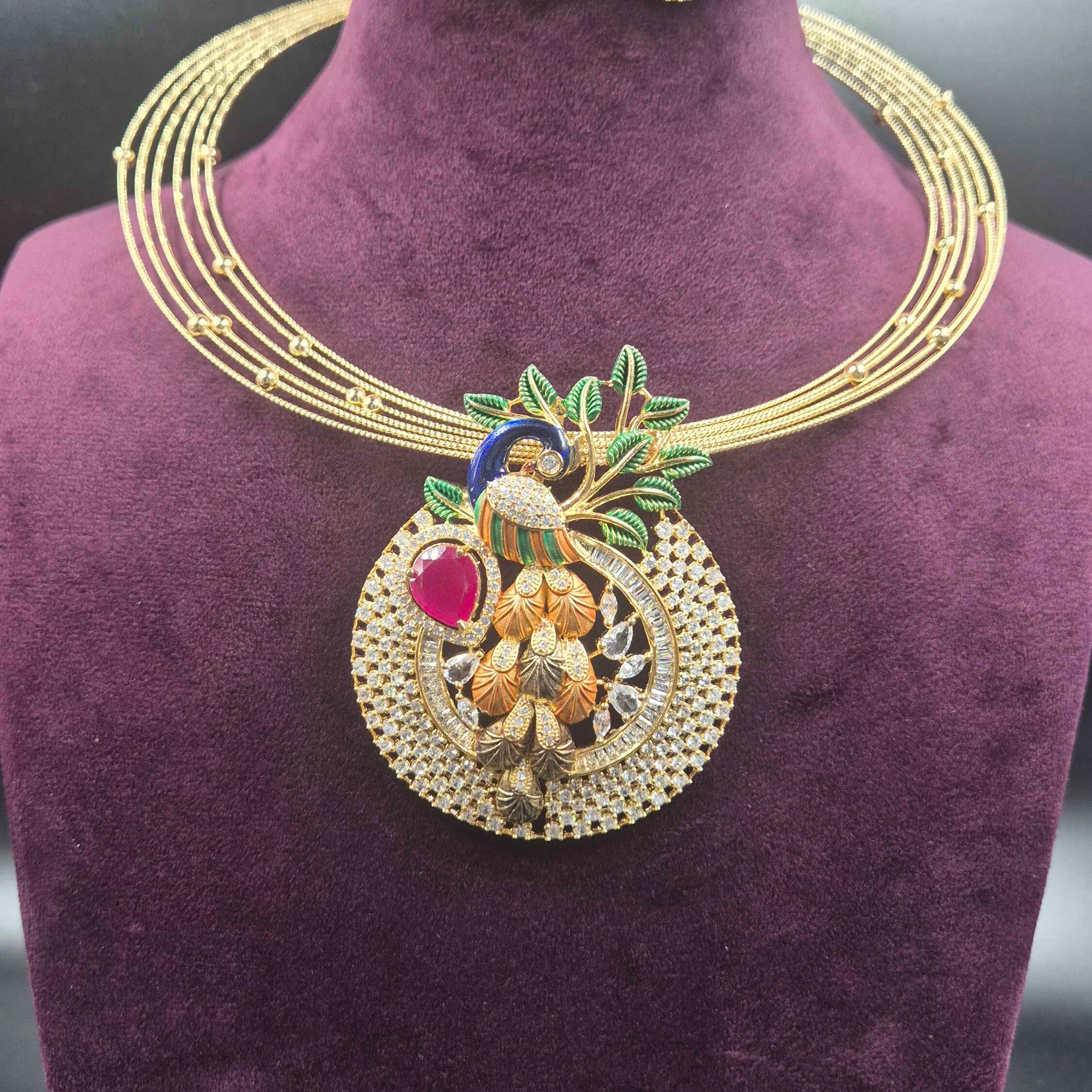 Premium Peacock Designer Necklace Set with CZ & Ruby Accents | Jeys Jewels