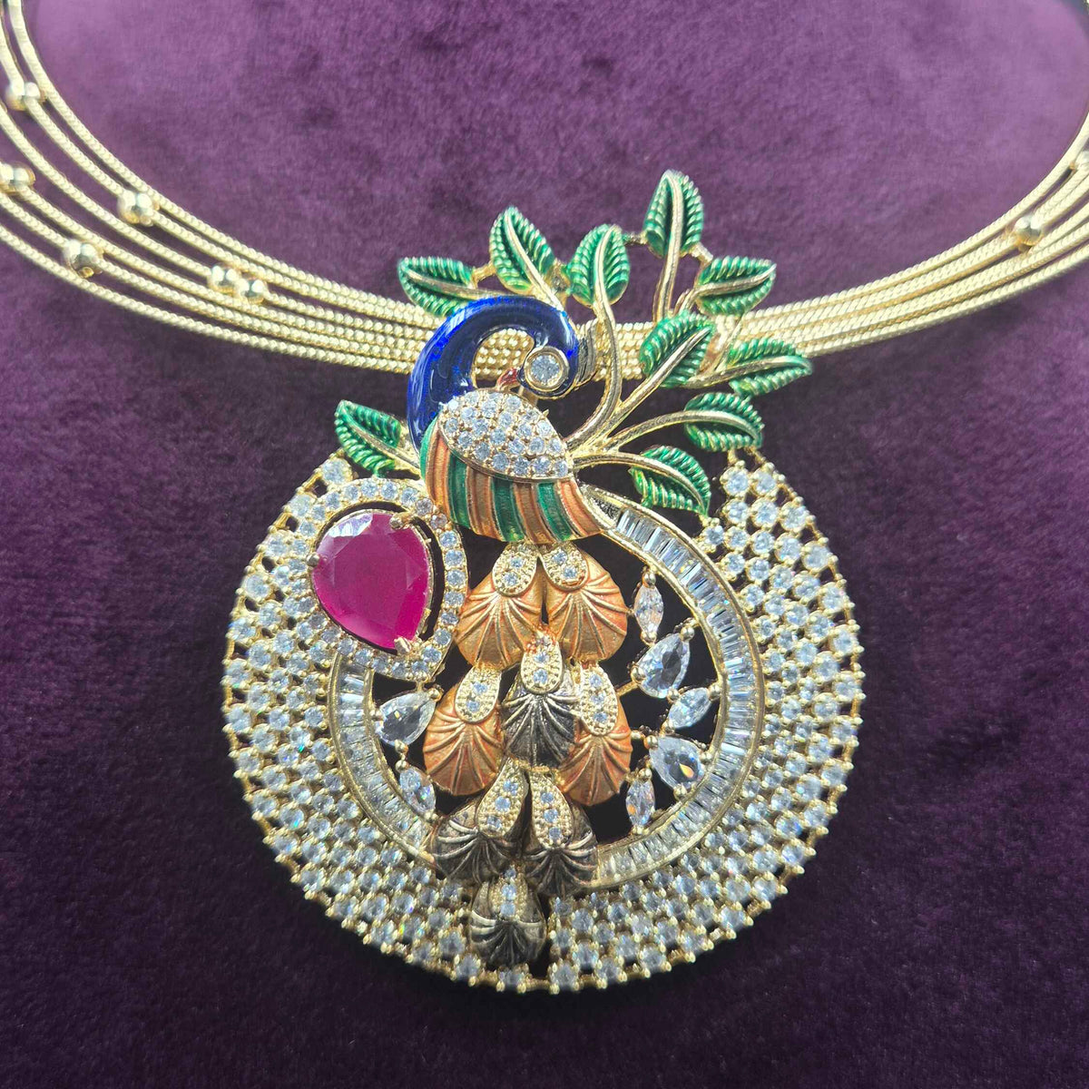 Premium Peacock Designer Necklace Set with CZ & Ruby Accents | Jeys Jewels