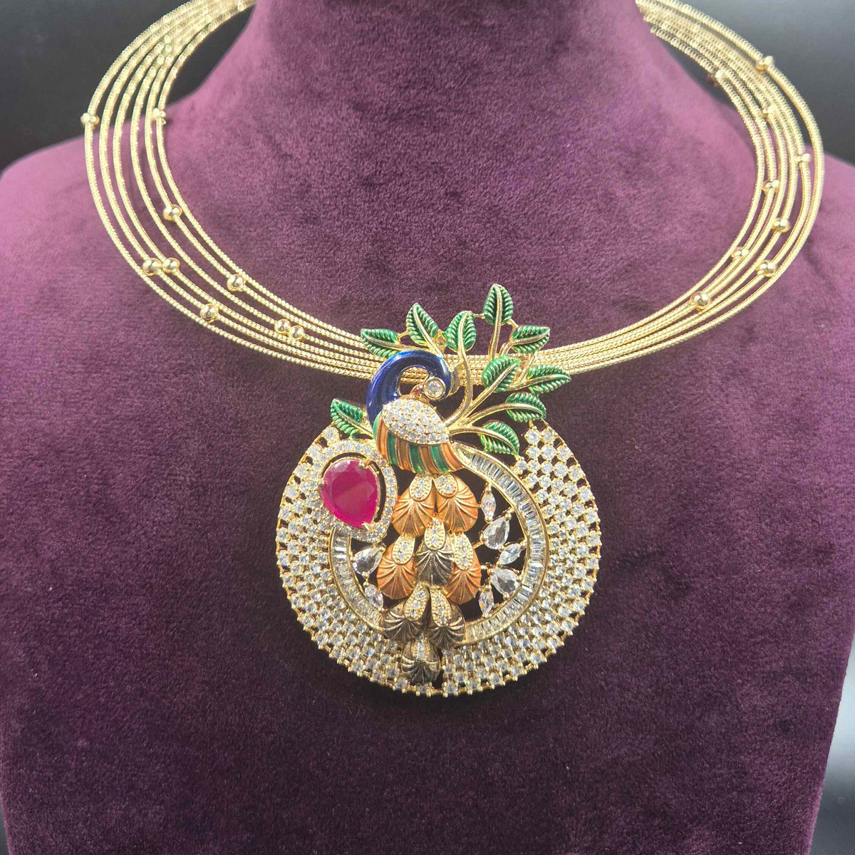Premium Peacock Designer Necklace Set with CZ & Ruby Accents | Jeys Jewels