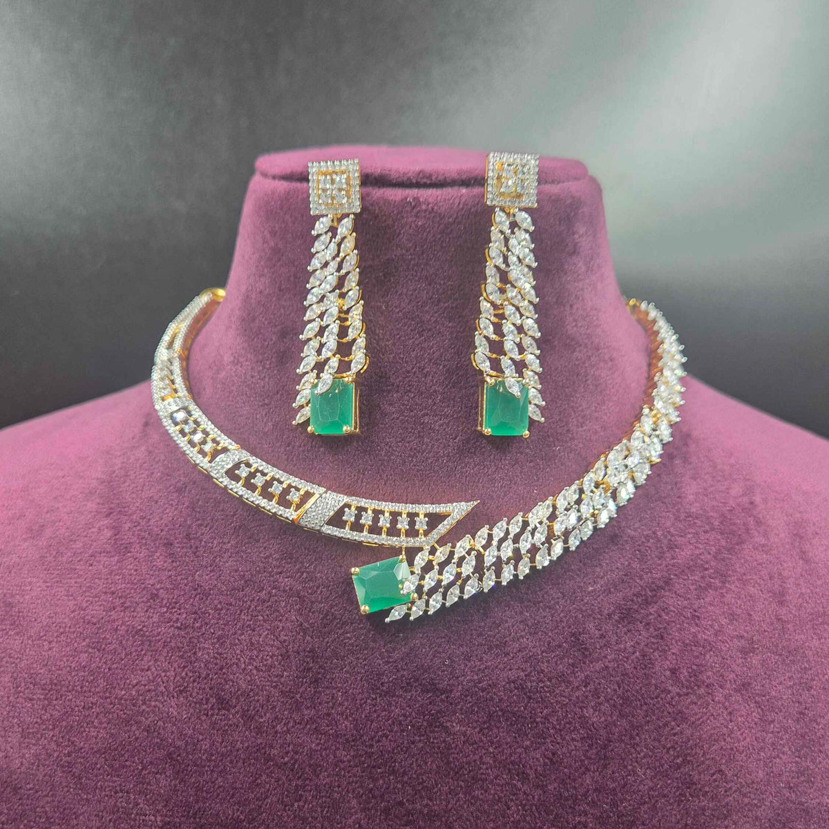 Premium Emerald Green CZ Necklace Set with Designer Earrings | Jeys Jewels