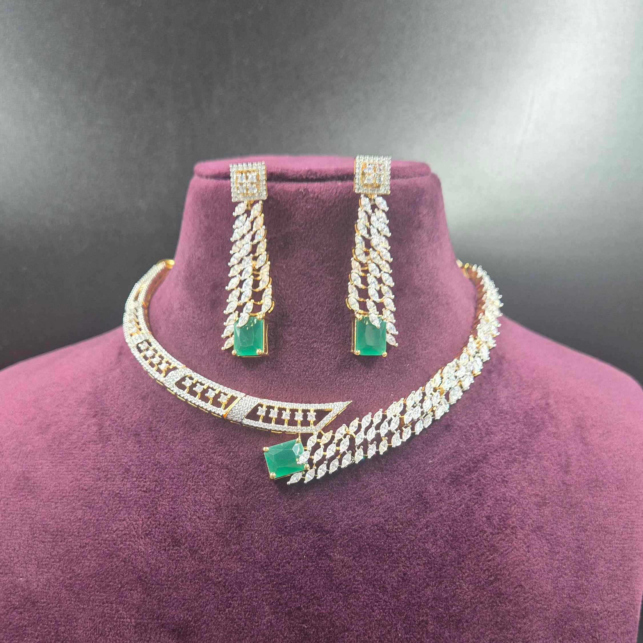 Premium Emerald Green CZ Necklace Set with Designer Earrings | Jeys Jewels