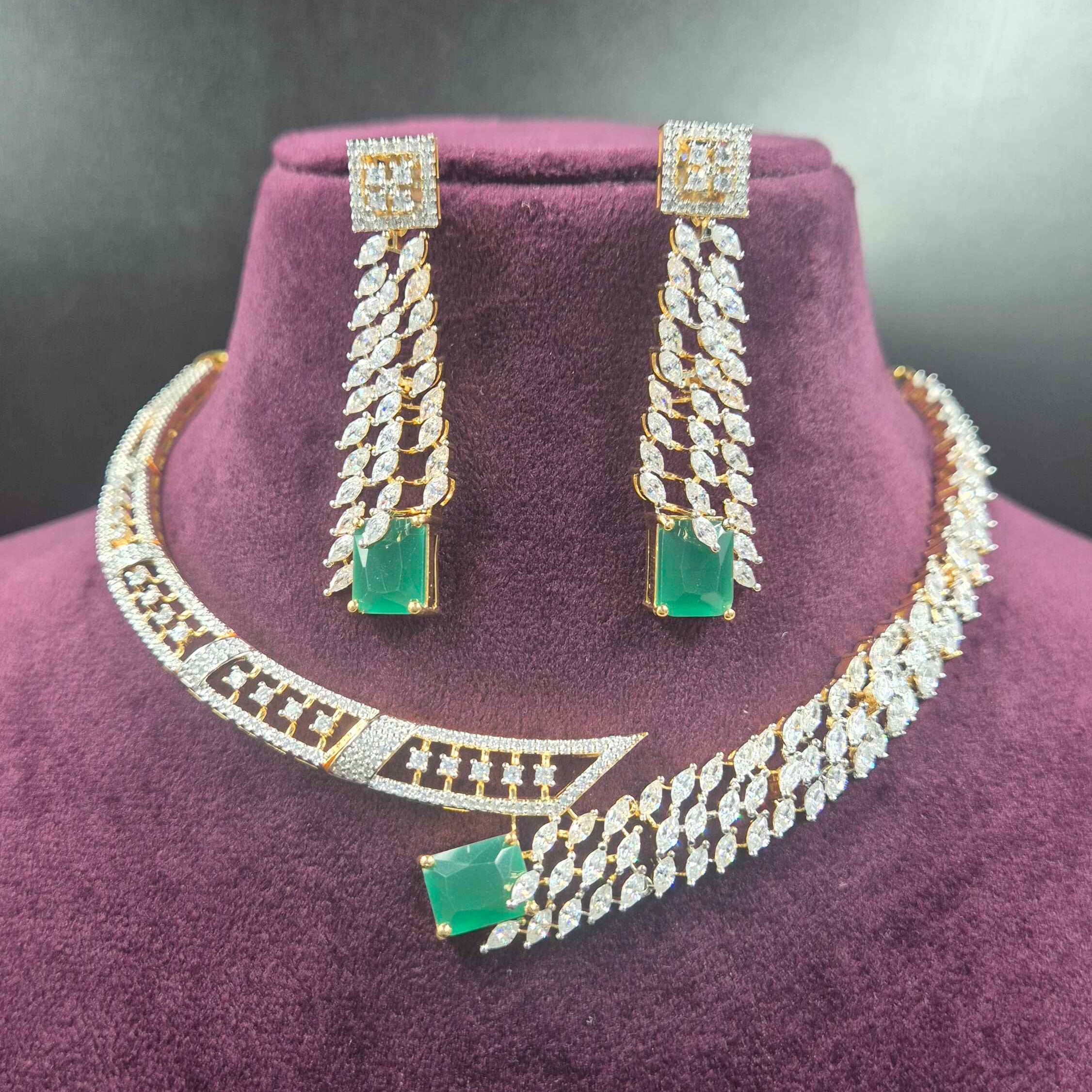 Premium Emerald Green CZ Necklace Set with Designer Earrings | Jeys Jewels