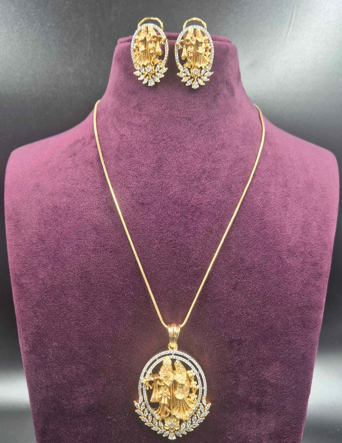 Divine Radha Krishna Pendant Necklace Set | Traditional CZ Gold Jewellery