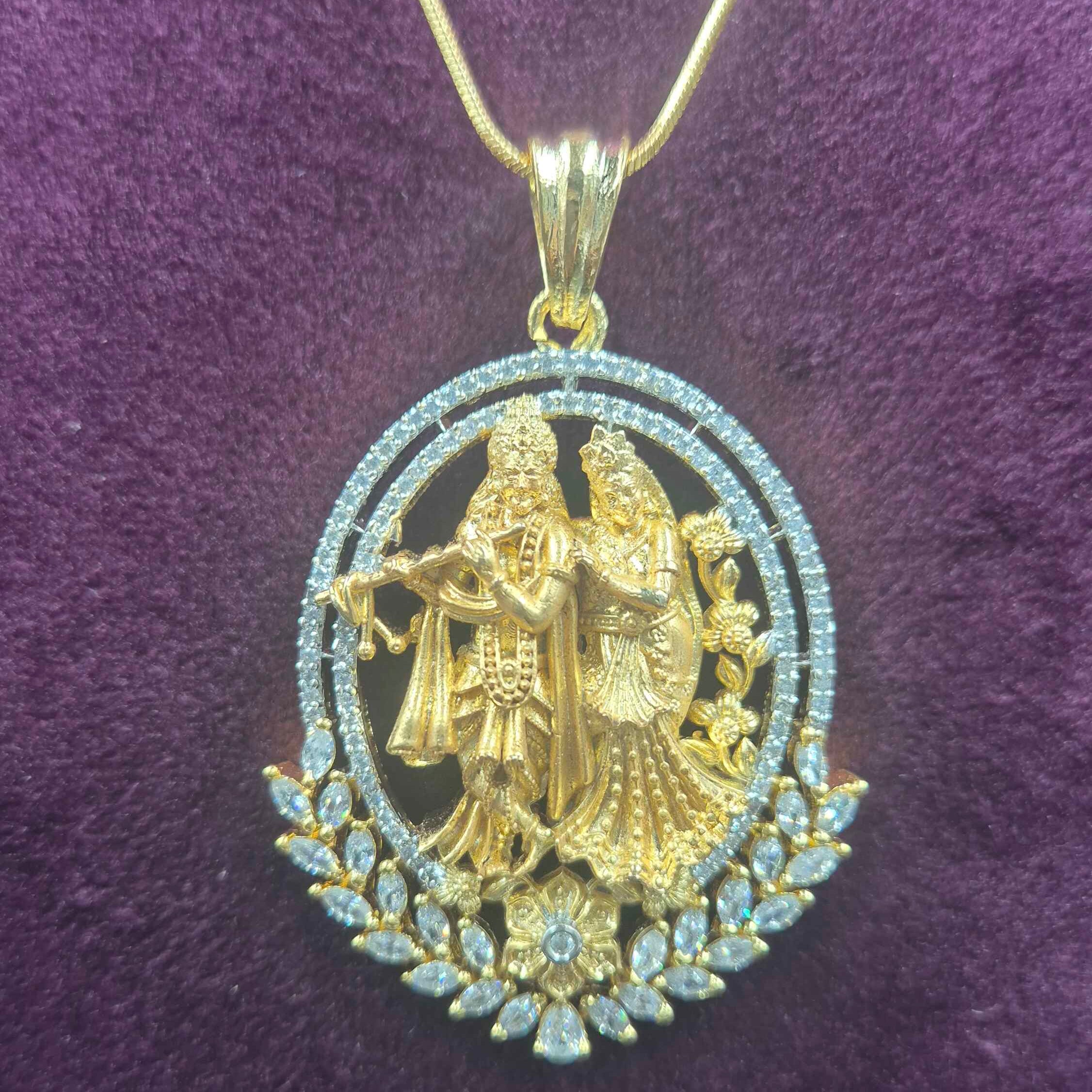 Divine Radha Krishna Pendant Necklace Set | Traditional CZ Gold Jewellery