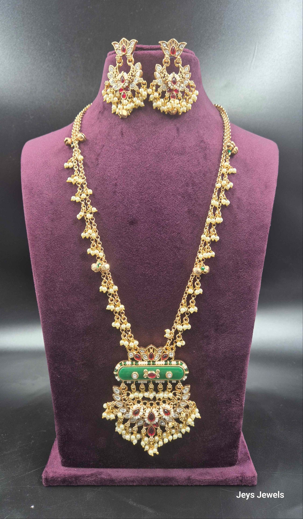 Non-Idol Designer Long  Haram with Green Stone & Pearl Drops