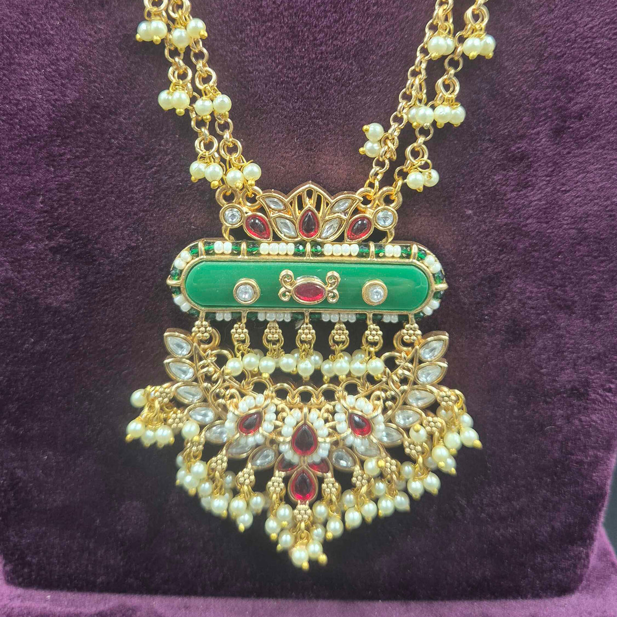 Non-Idol Designer Long  Haram with Green Stone & Pearl Drops