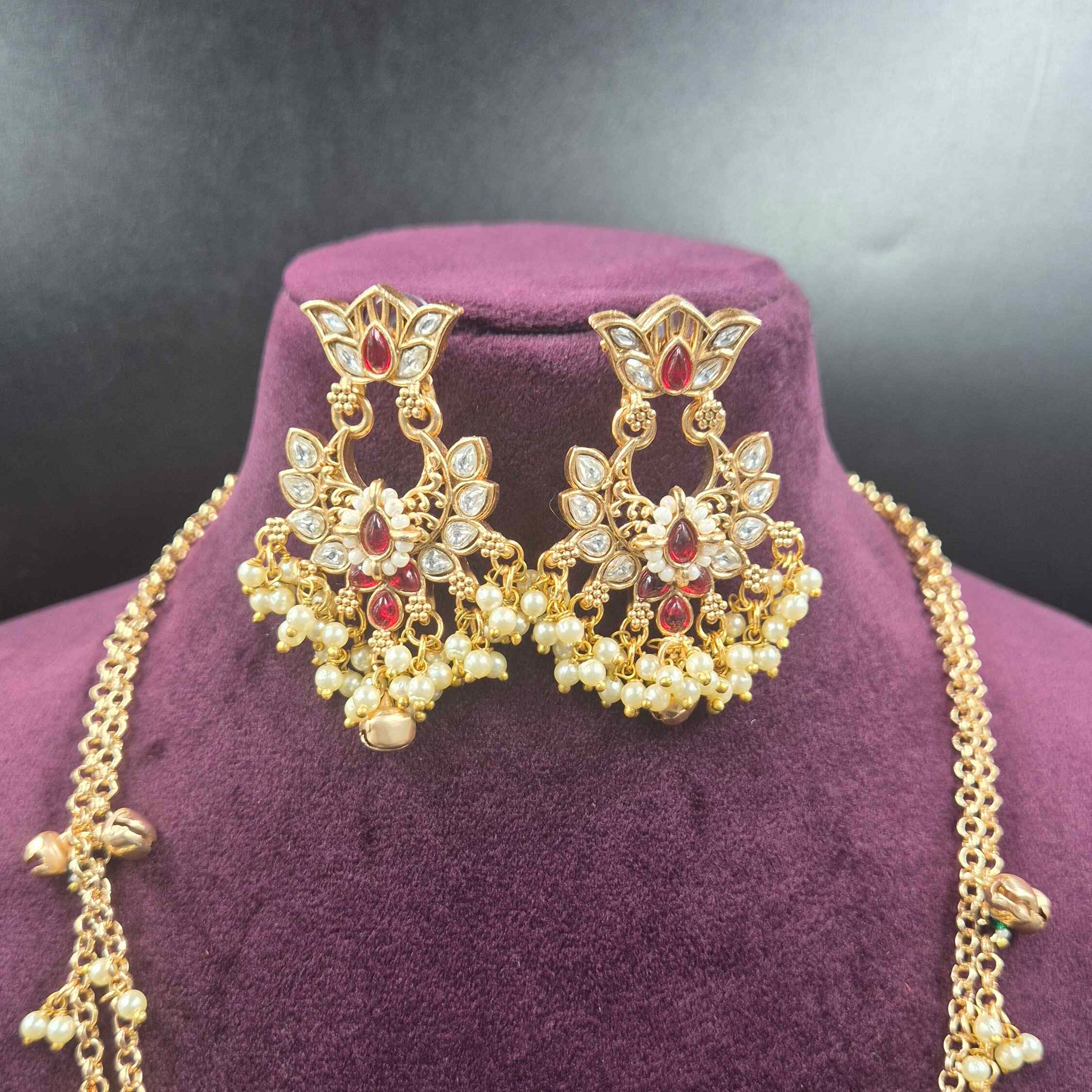 Non-Idol Designer Long  Haram with Green Stone & Pearl Drops