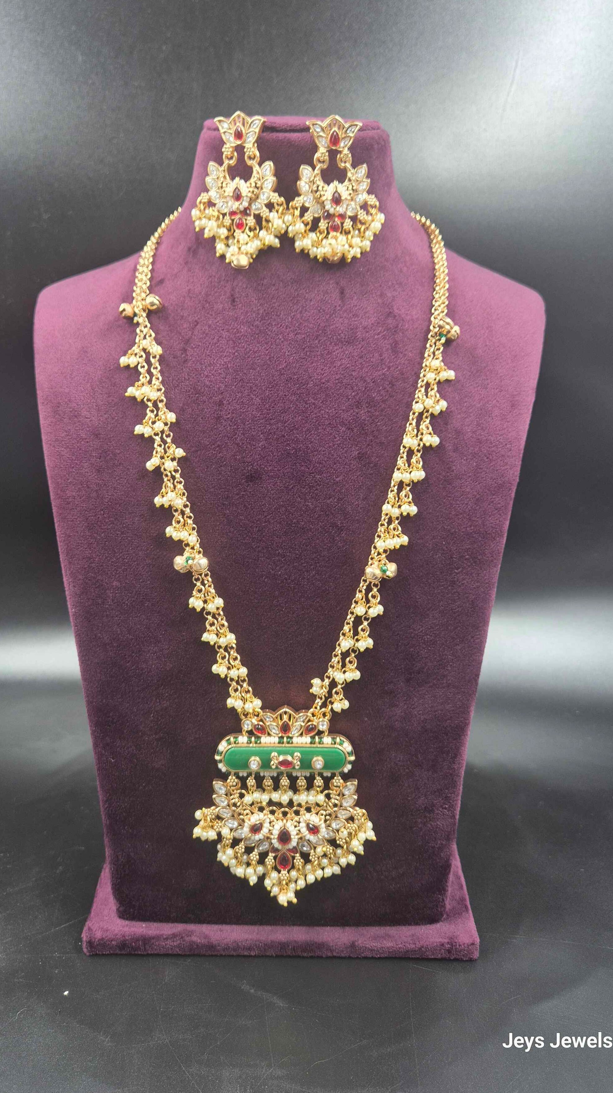 Non-Idol Designer Long  Haram with Green Stone & Pearl Drops