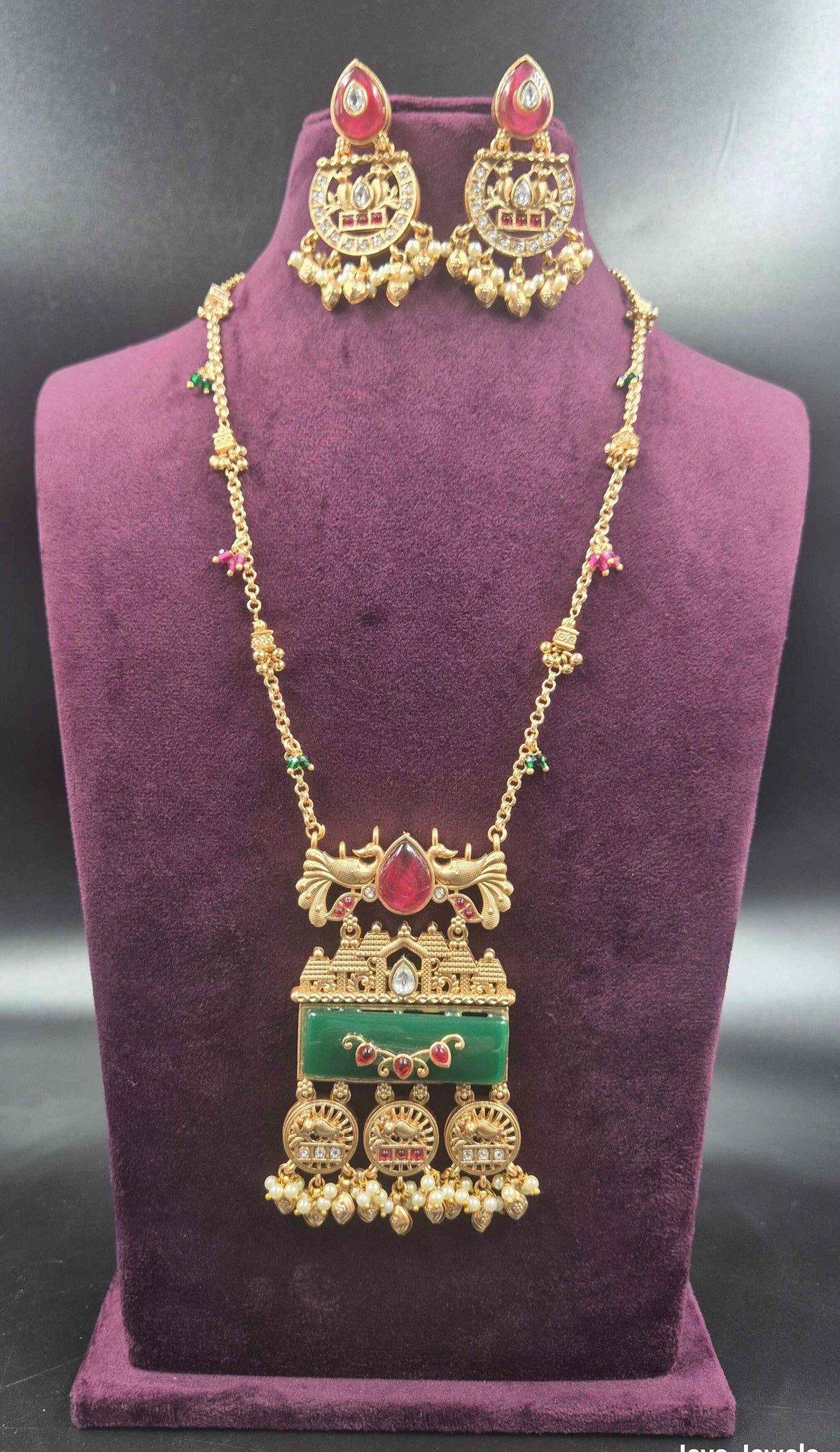 Non-Idol Designer Long Haram in Gungroo chain with Green Stone & Ruby Accents