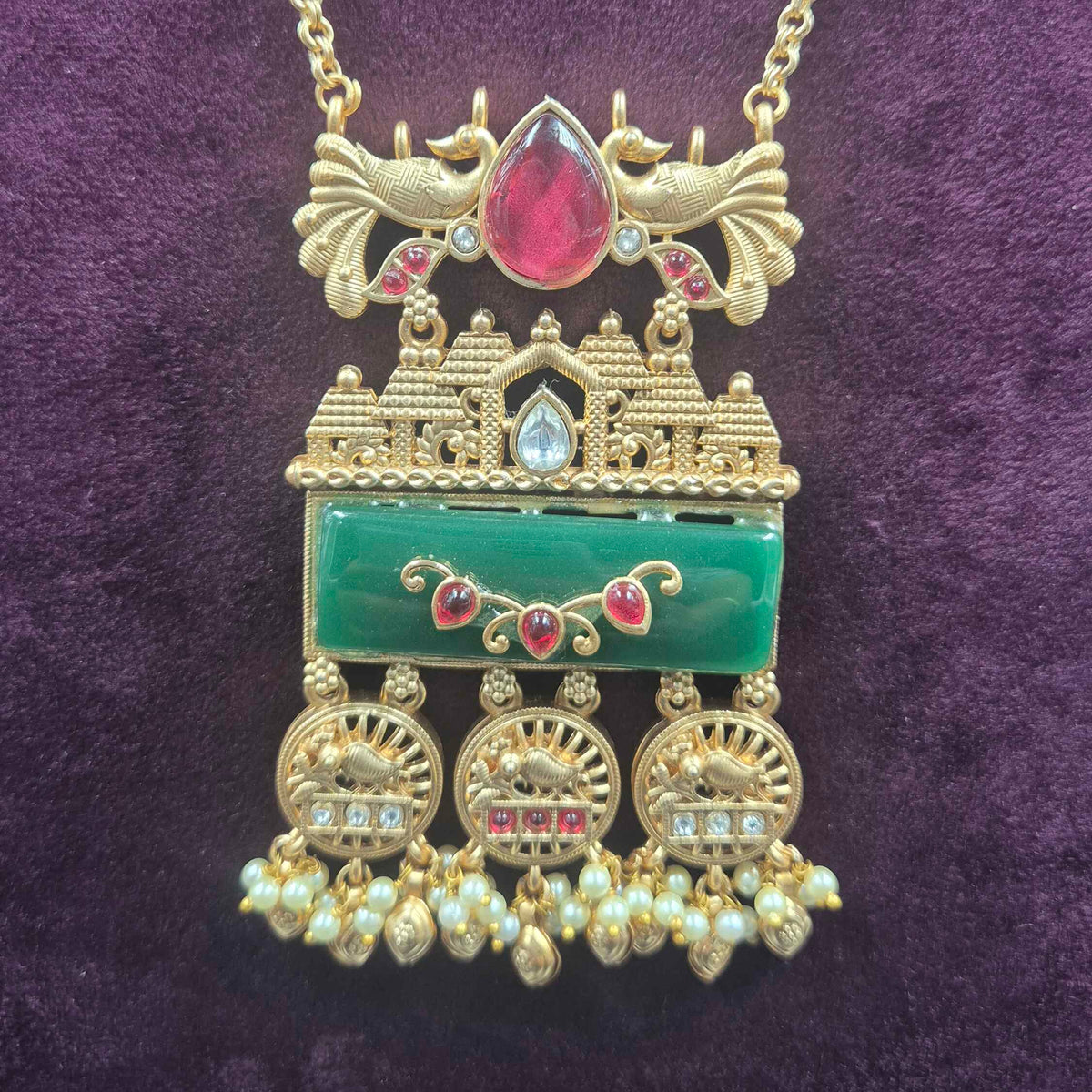 Non-Idol Designer Long Haram in Gungroo chain with Green Stone & Ruby Accents