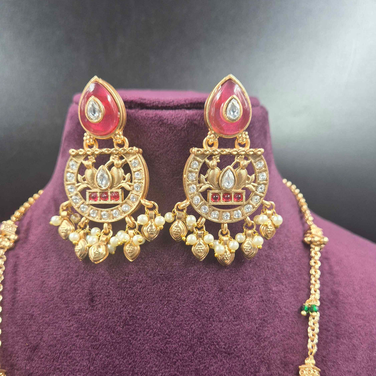 Non-Idol Designer Long Haram in Gungroo chain with Green Stone & Ruby Accents