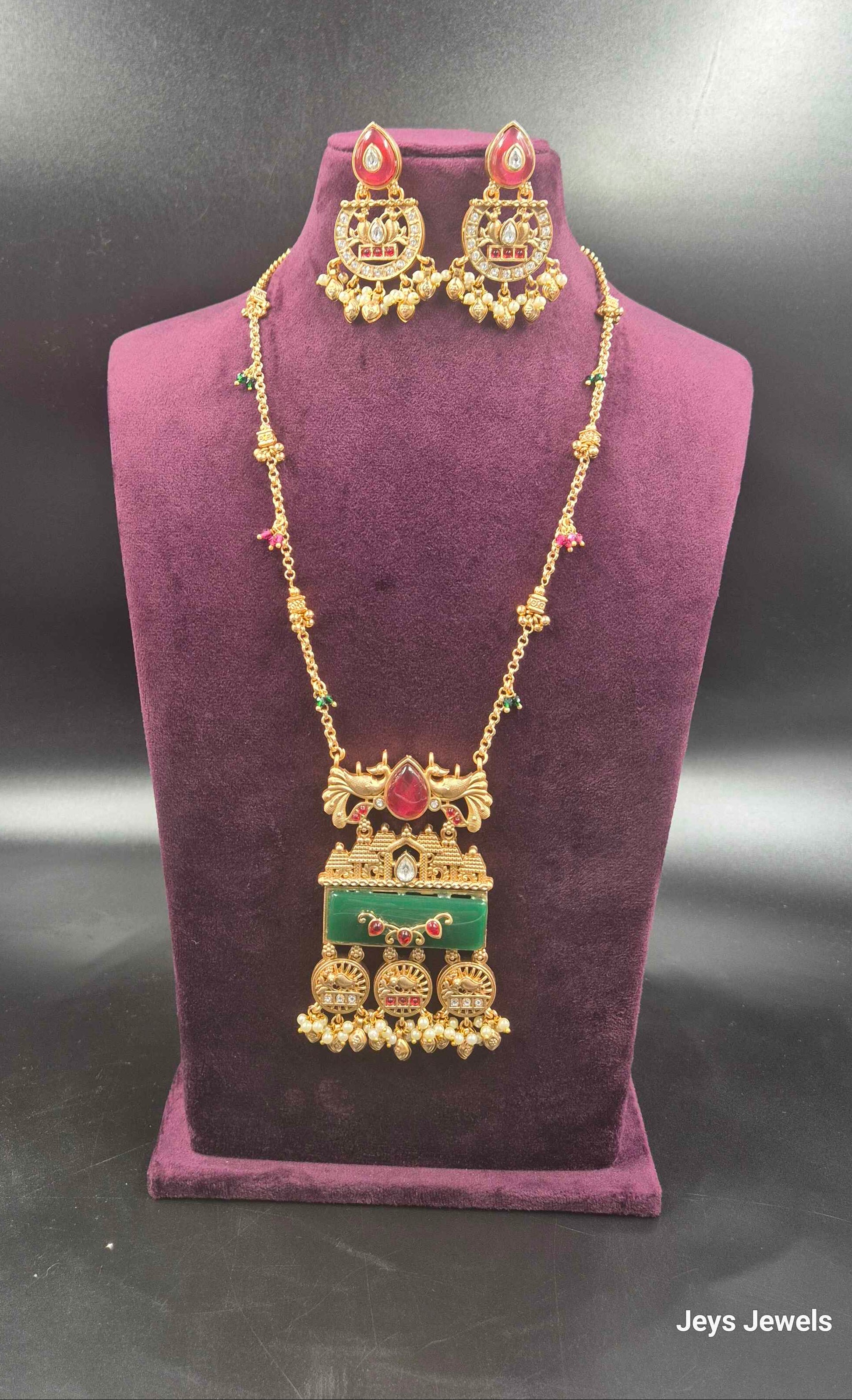 Non-Idol Designer Long Haram in Gungroo chain with Green Stone & Ruby Accents