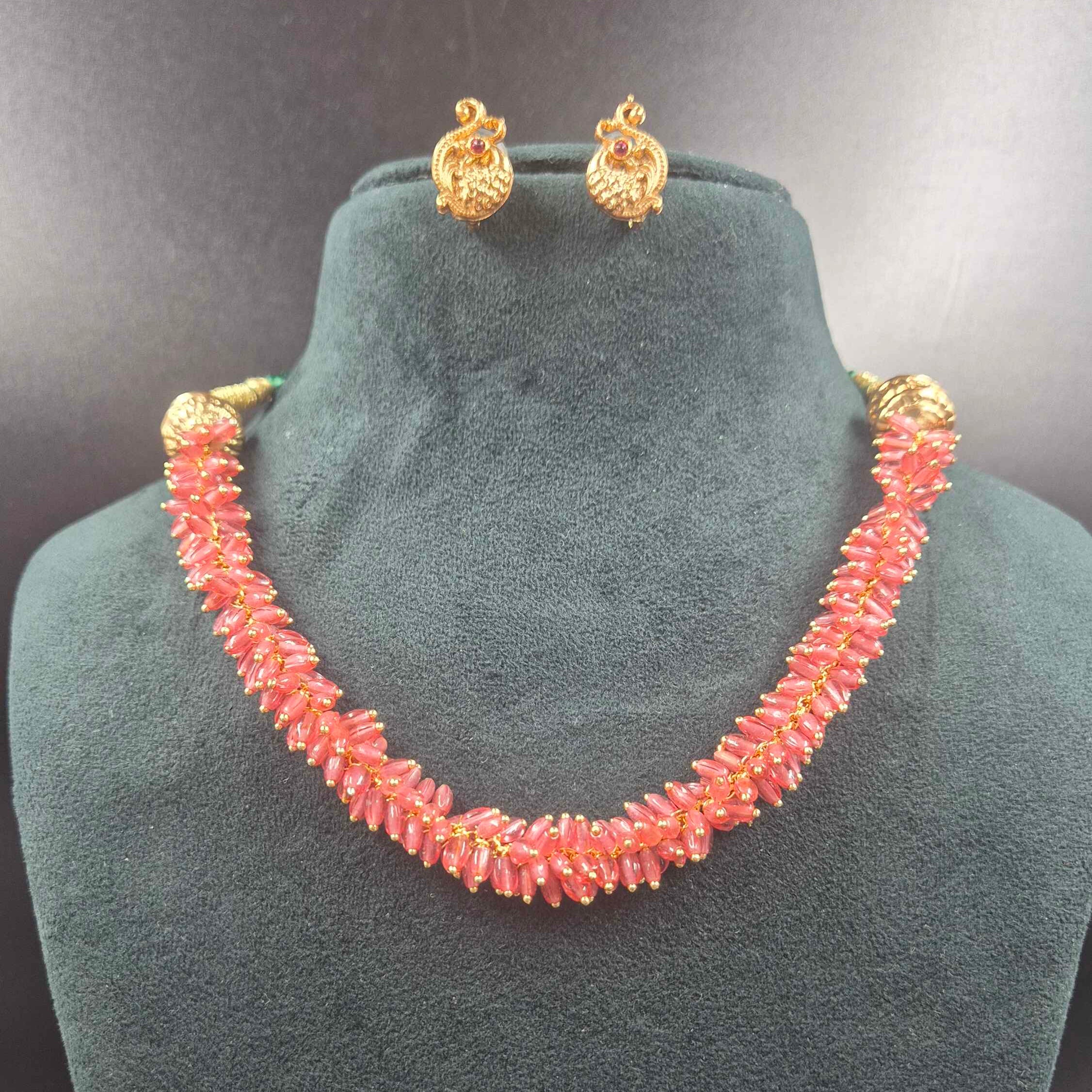 Rose colour Bead Necklace with Peacock Earrings | Jeys Jewels