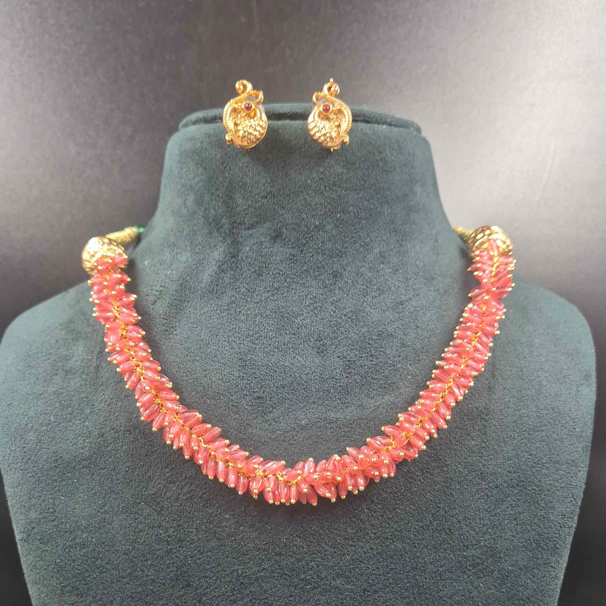 Rose colour Bead Necklace with Peacock Earrings | Jeys Jewels