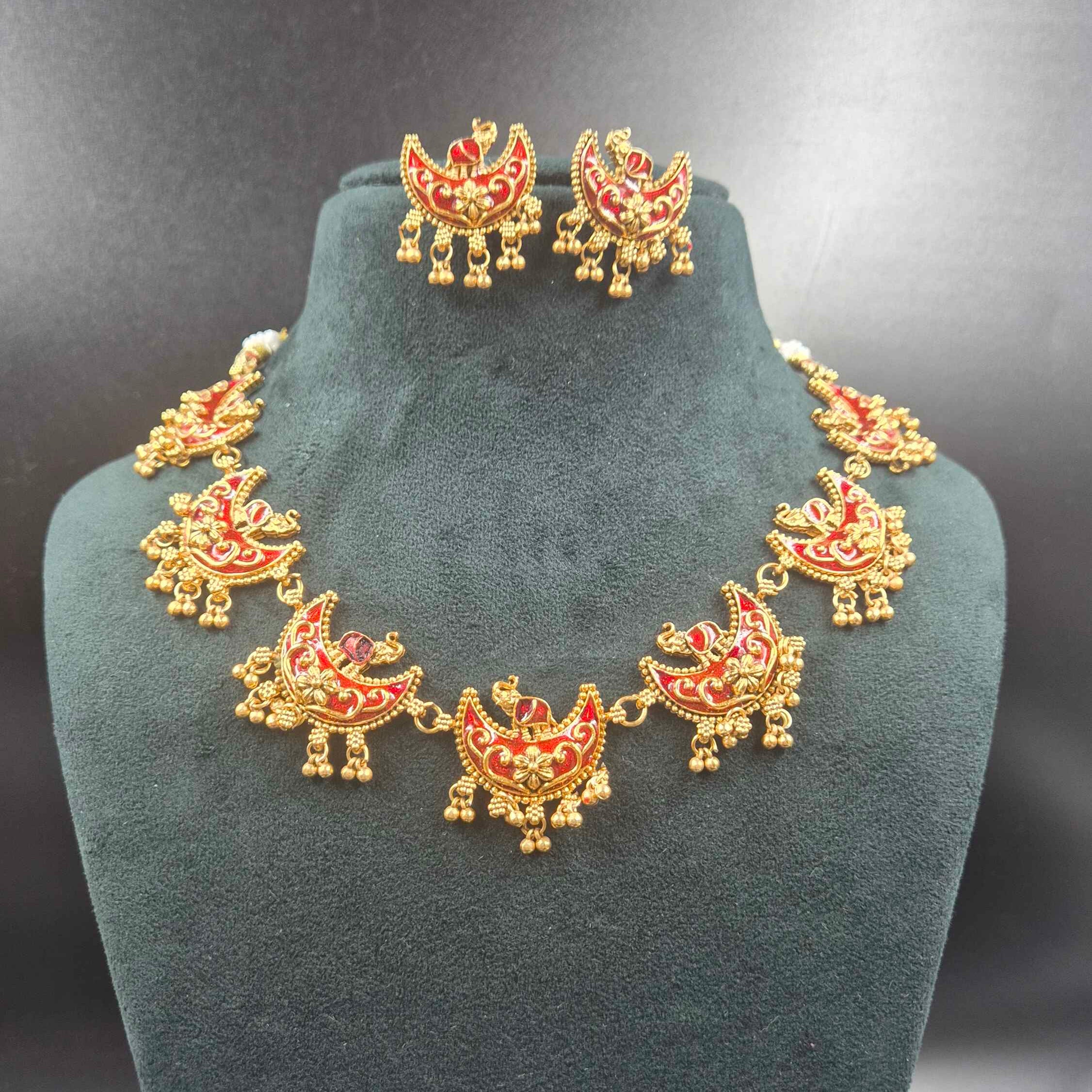 Crescent Moon Shape in red Meenakari work  Necklace Set | Traditional Gold Jewellery