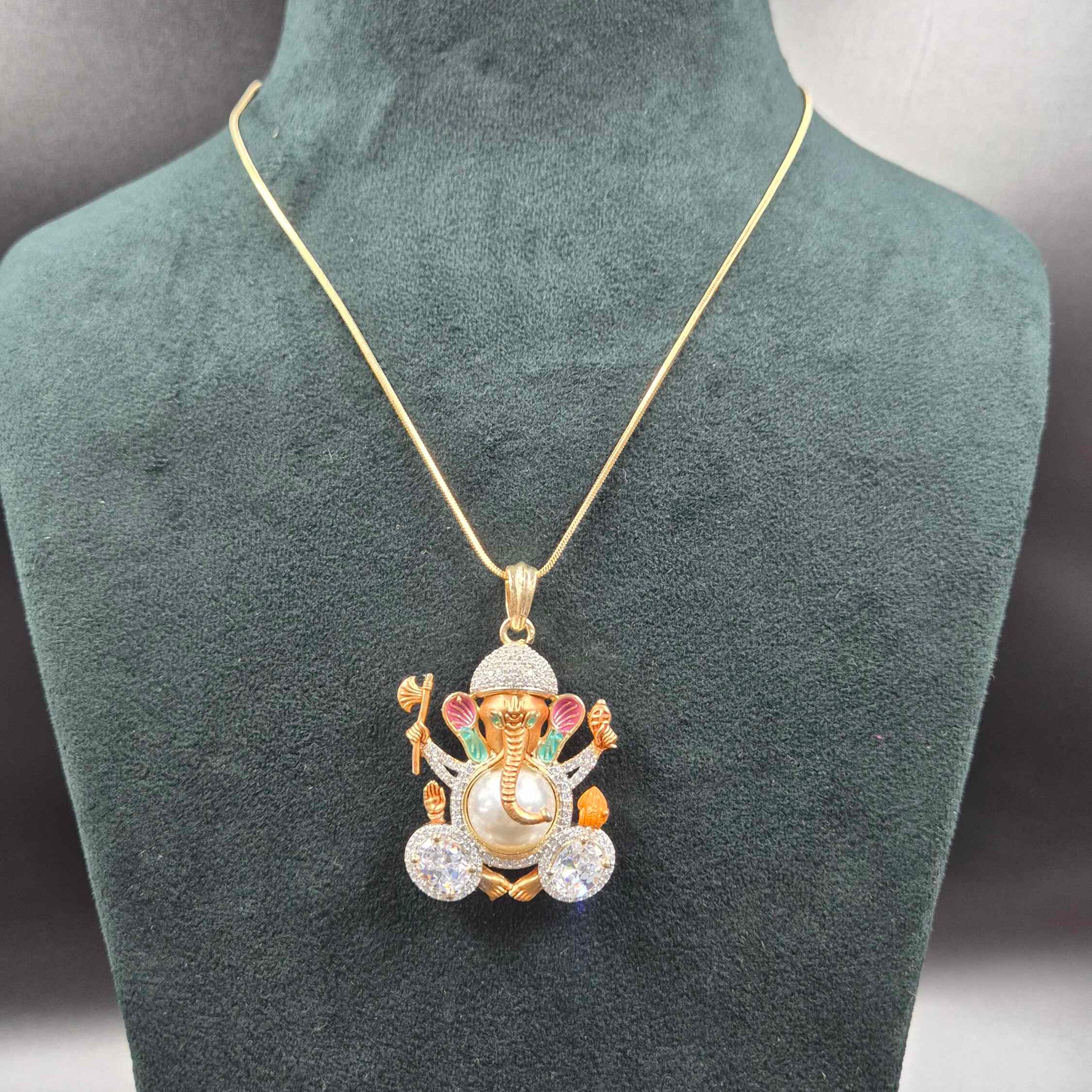 Ganesha Pendant Necklace with CZ Stones & Pearl | Traditional Gold Jewellery