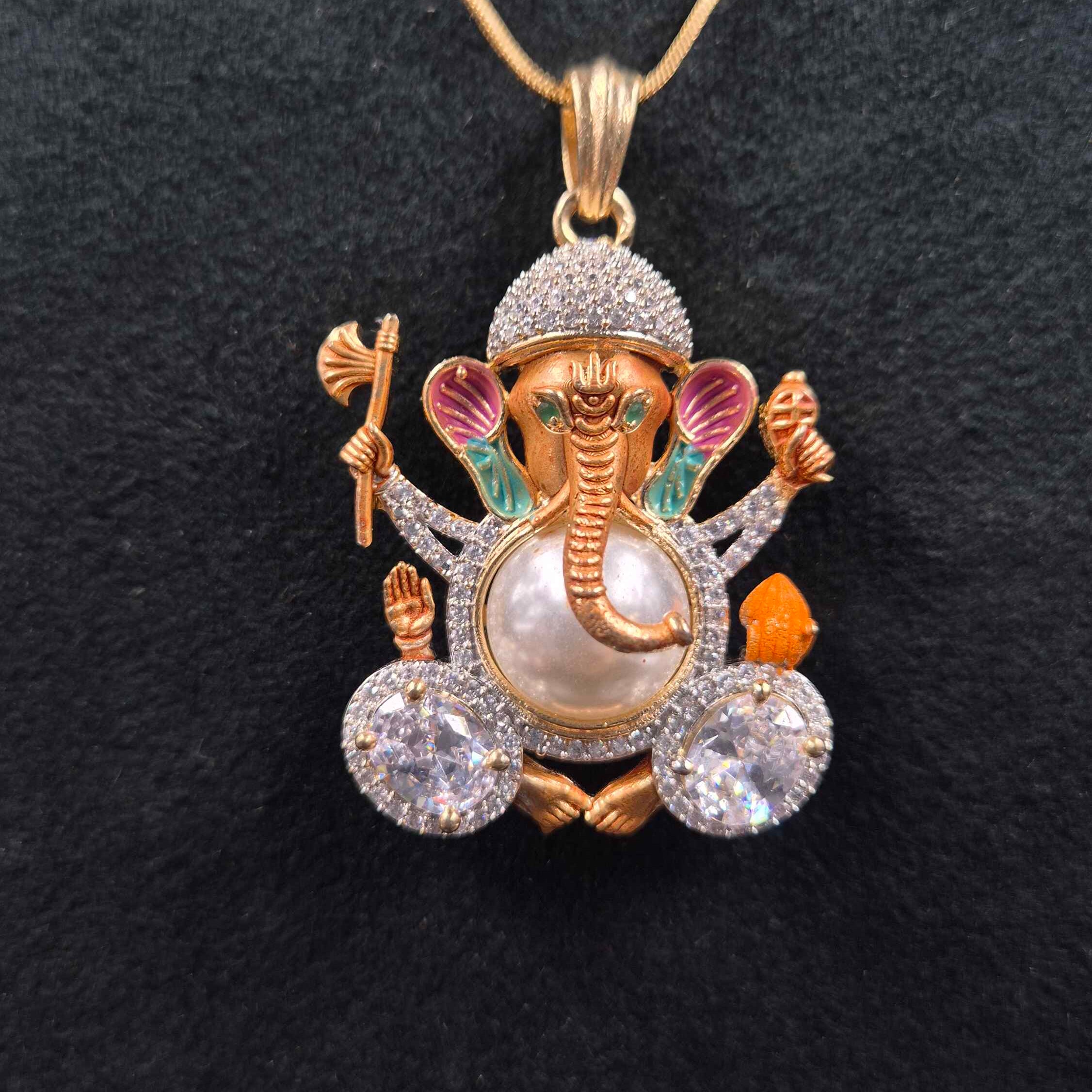 Ganesha Pendant Necklace with CZ Stones & Pearl | Traditional Gold Jewellery