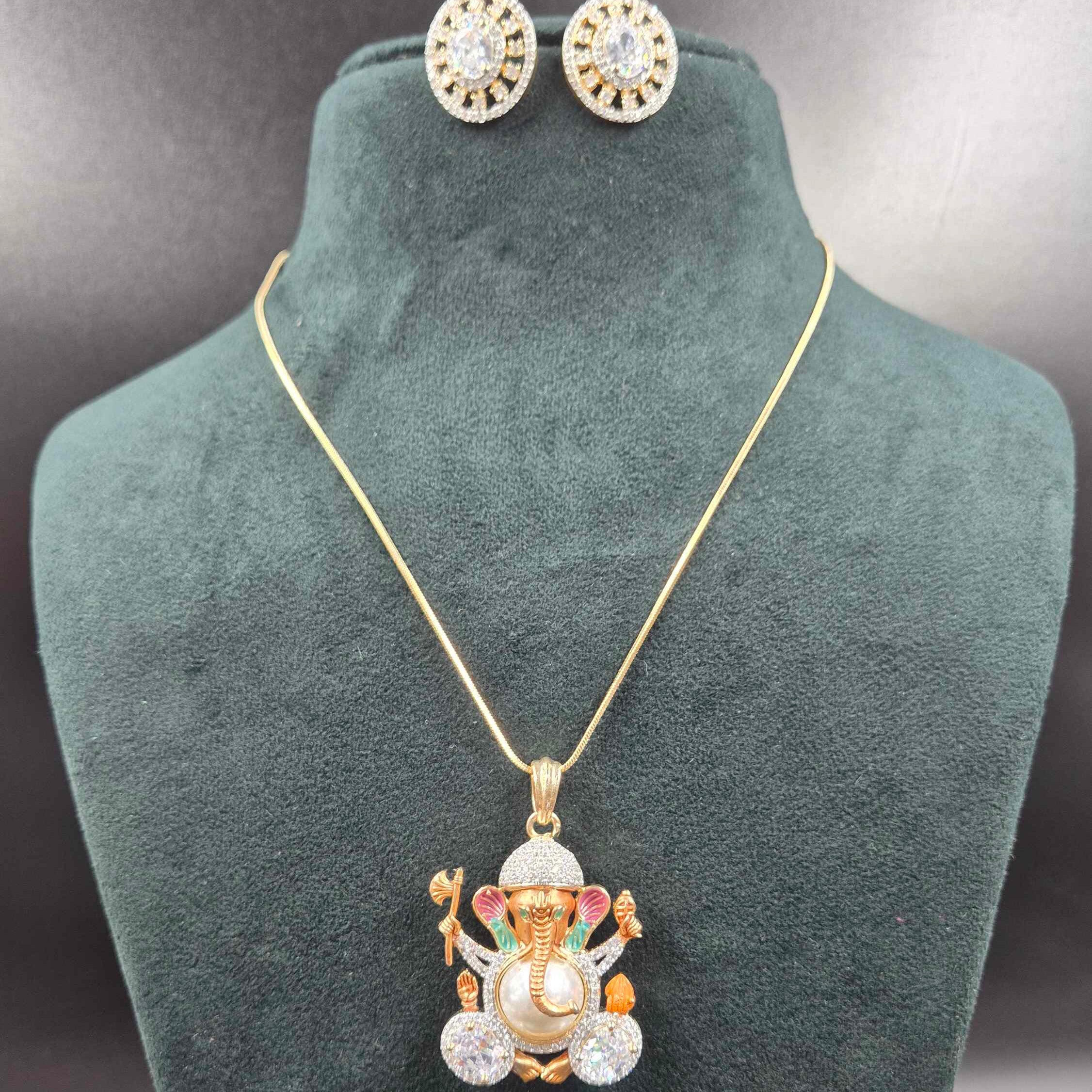 Ganesha Pendant Necklace with CZ Stones & Pearl | Traditional Gold Jewellery