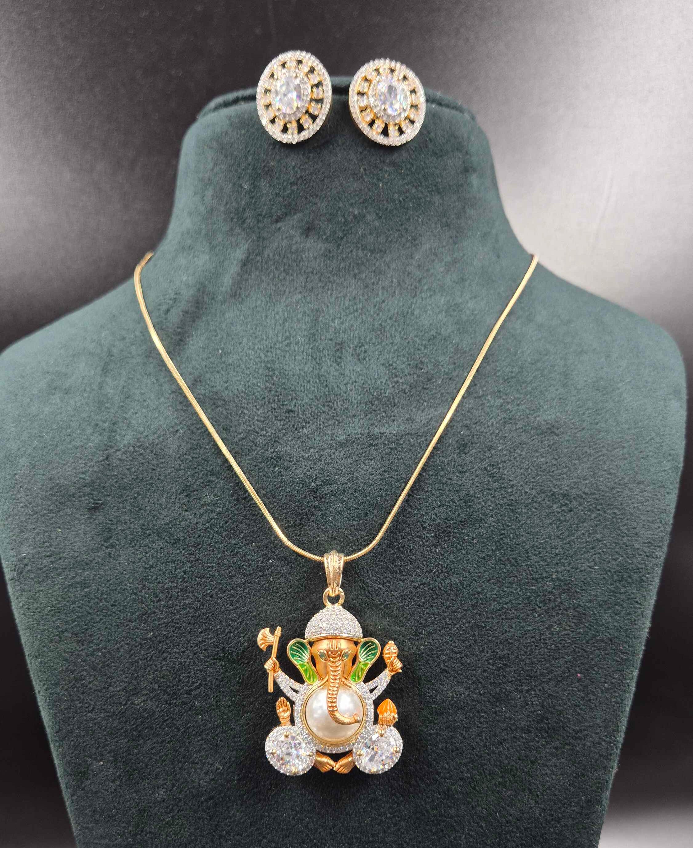 Ganesha Pendant Necklace with CZ Stones & Pearl | Traditional Gold Jewellery