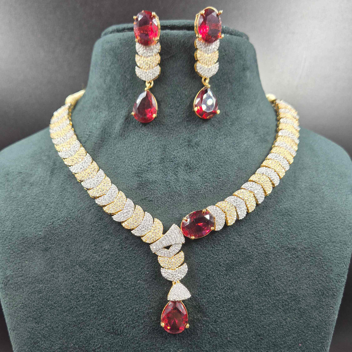 Ruby Red Stone CZ Necklace Set | Designer Gold Look Jewellery