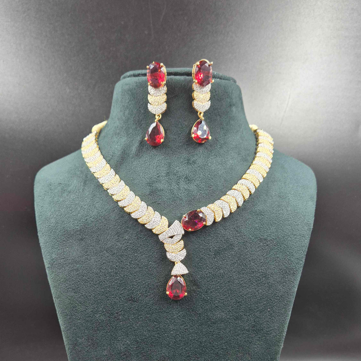 Ruby Red Stone CZ Necklace Set | Designer Gold Look Jewellery