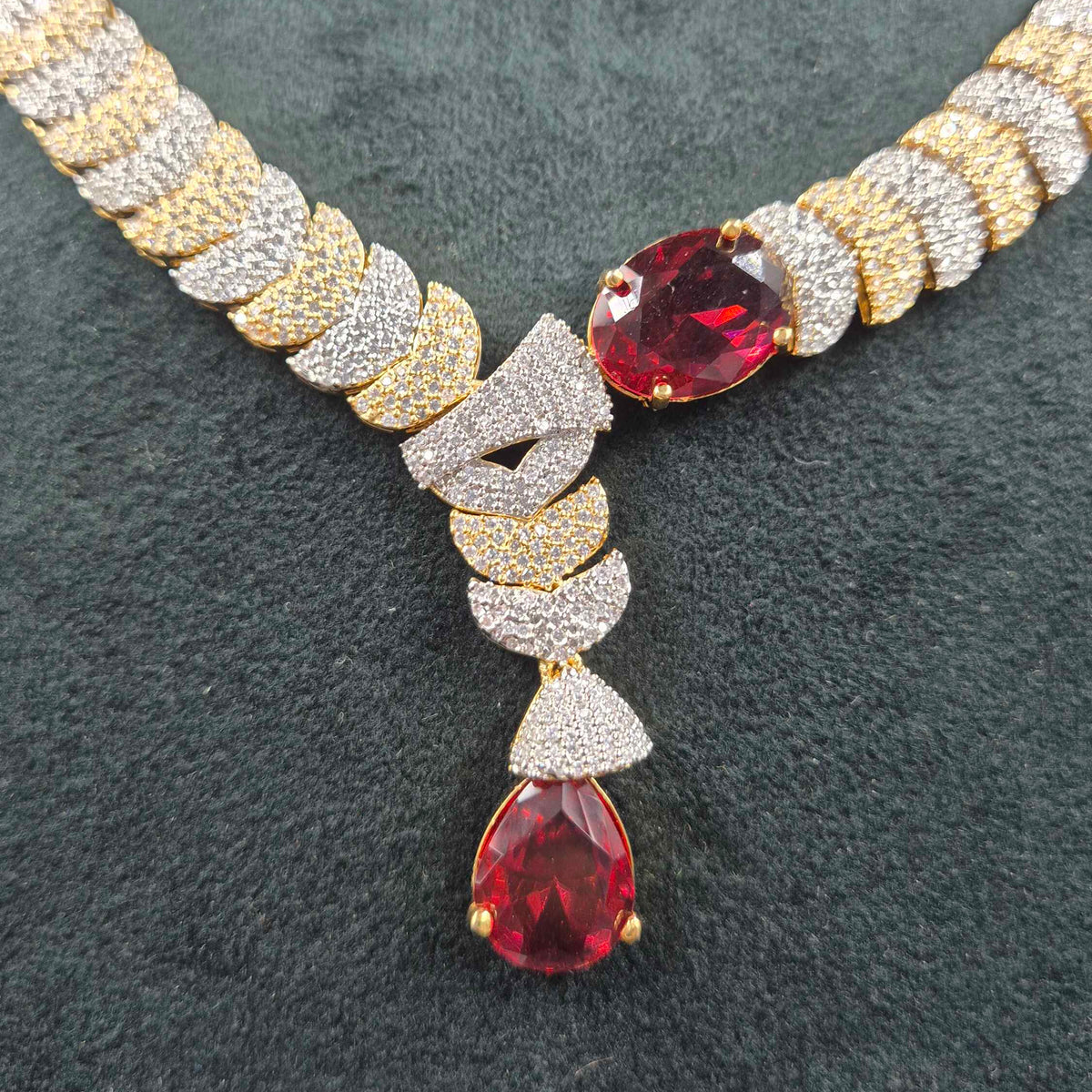 Ruby Red Stone CZ Necklace Set | Designer Gold Look Jewellery