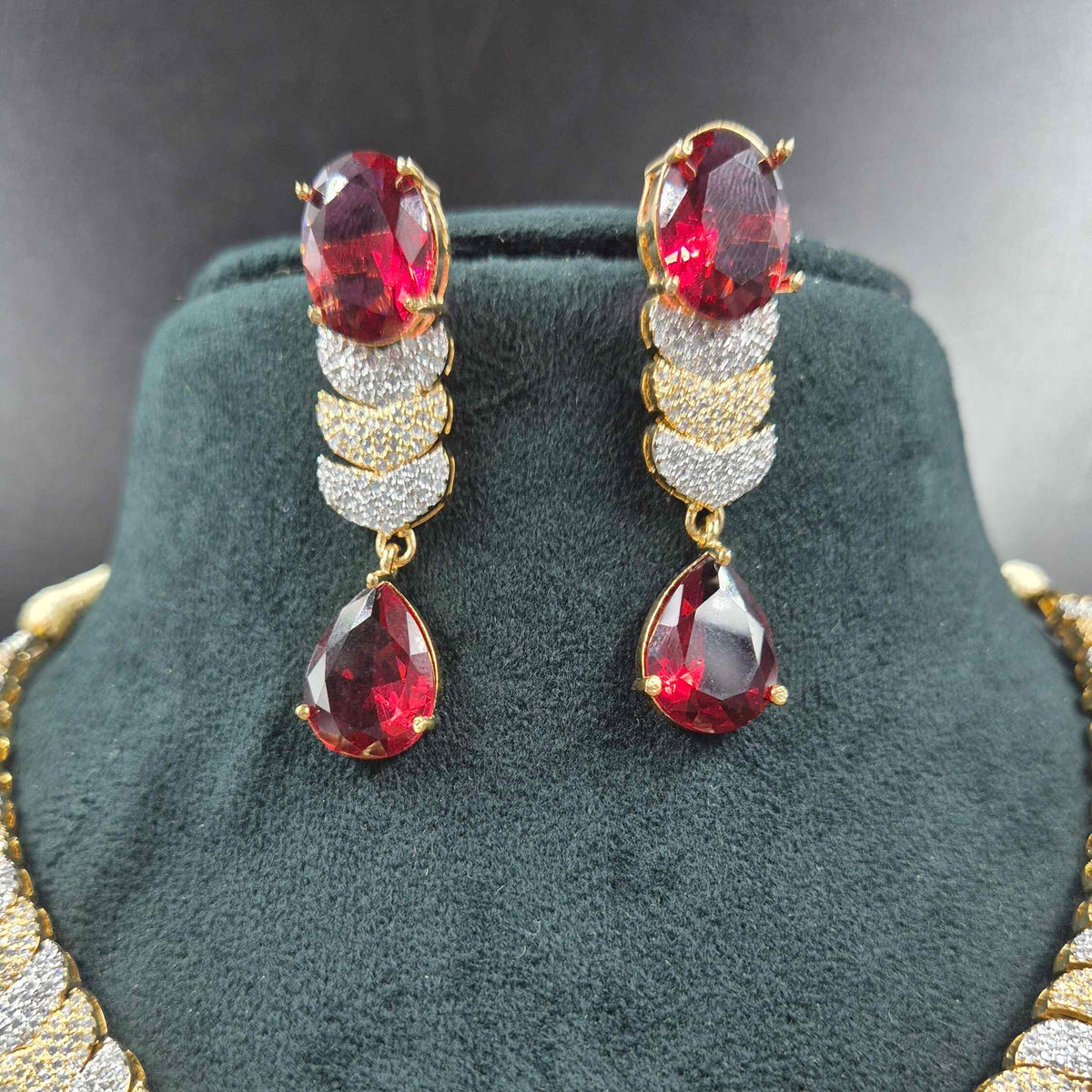 Ruby Red Stone CZ Necklace Set | Designer Gold Look Jewellery
