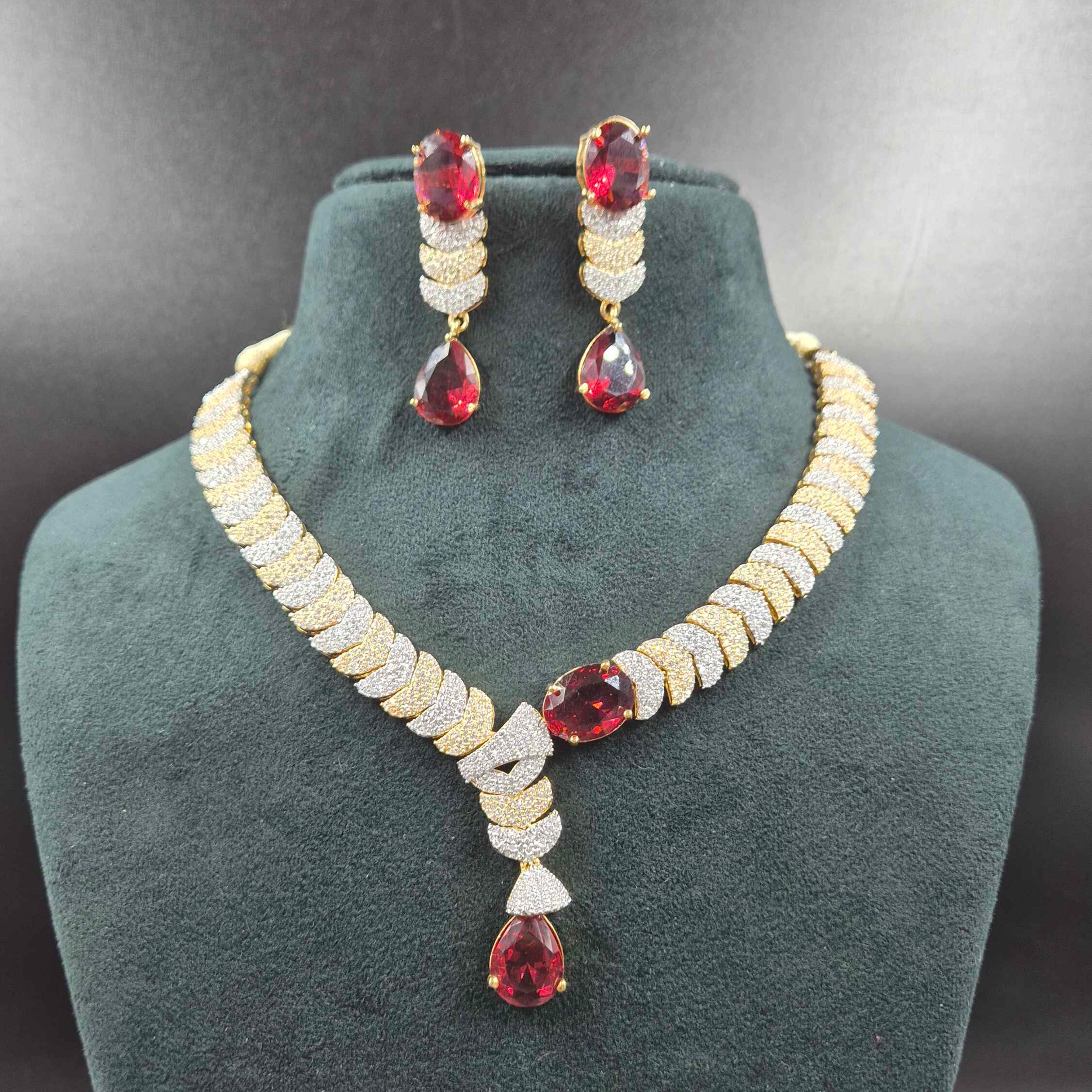 Ruby Red Stone CZ Necklace Set | Designer Gold Look Jewellery