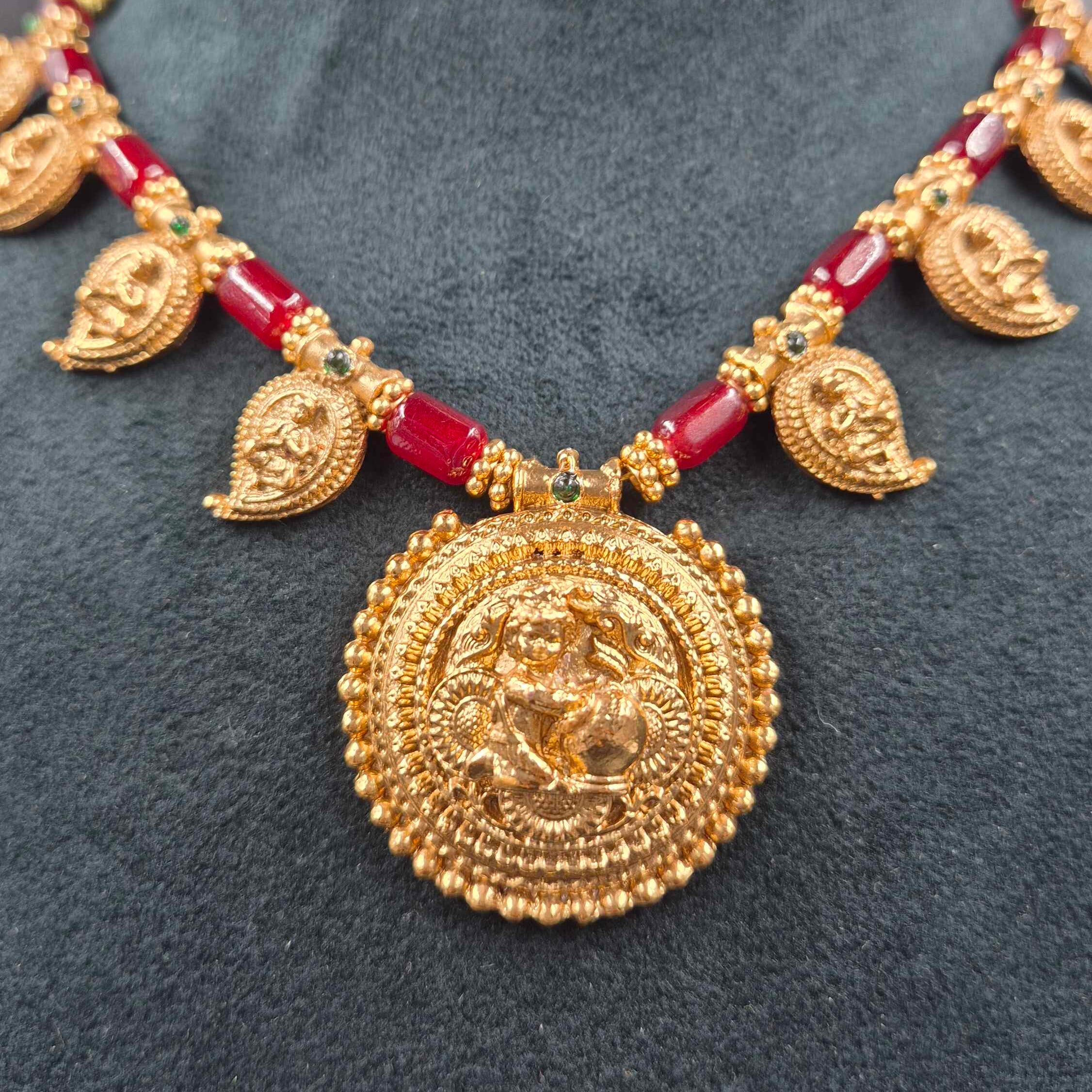 Traditional Mango Motif Necklace with  Krishna with butter pot Pendant | Temple Jewellery