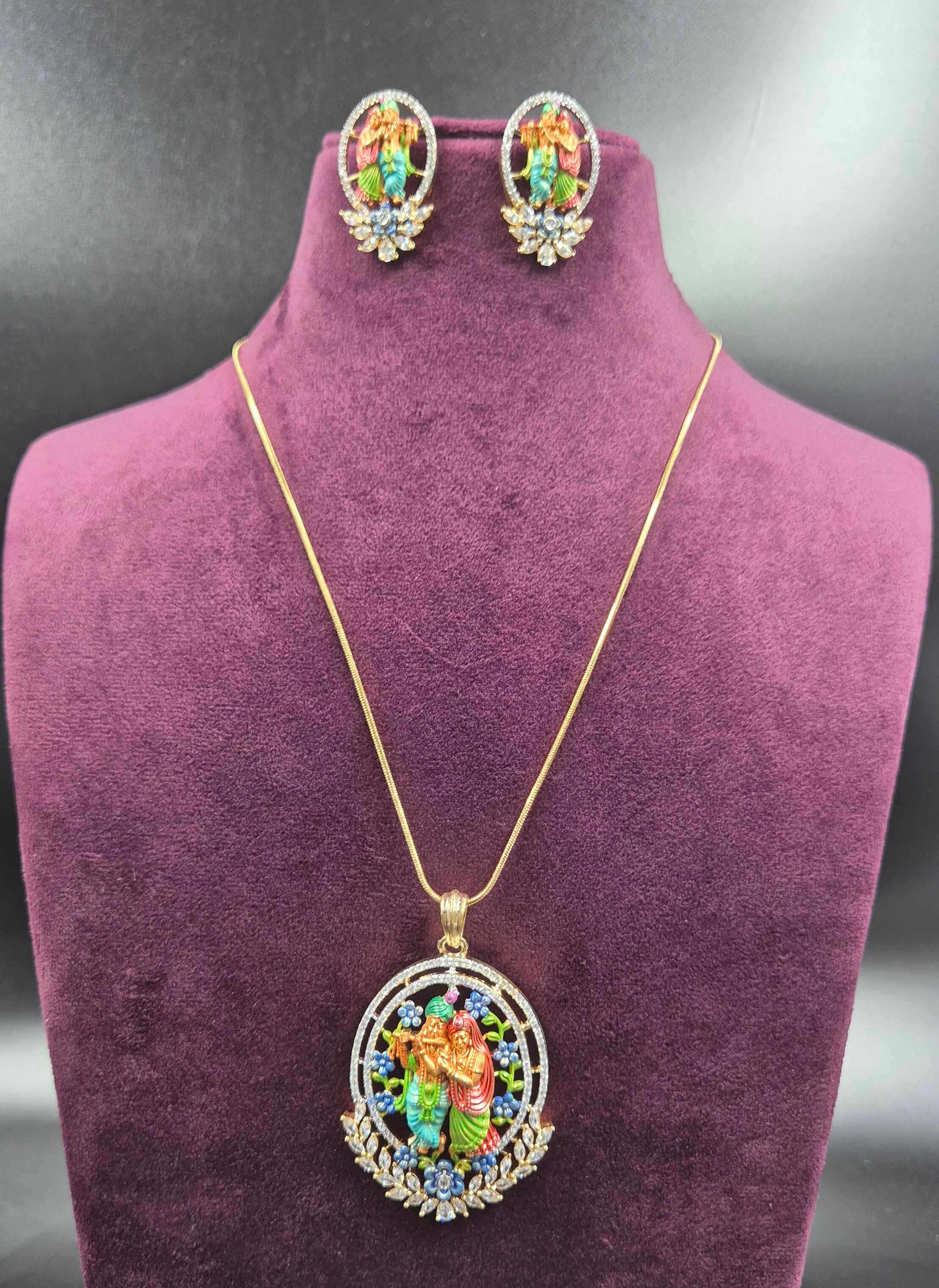 Meenakari hand work Radha Krishna Pendant Necklace Set | Traditional Temple Jewellery