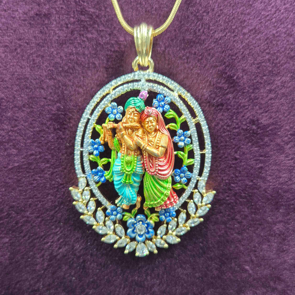 Meenakari hand work Radha Krishna Pendant Necklace Set | Traditional Temple Jewellery