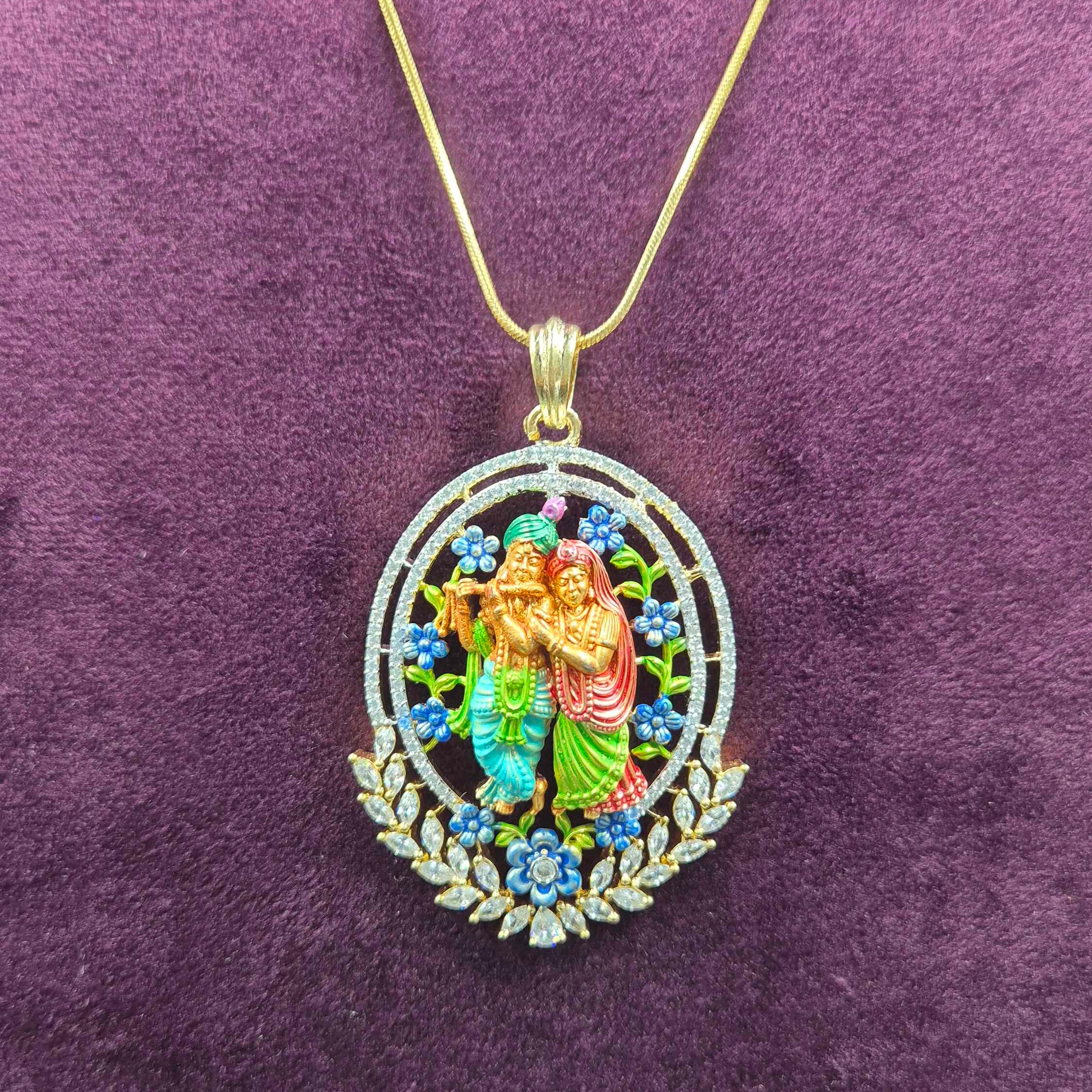 Meenakari hand work Radha Krishna Pendant Necklace Set | Traditional Temple Jewellery