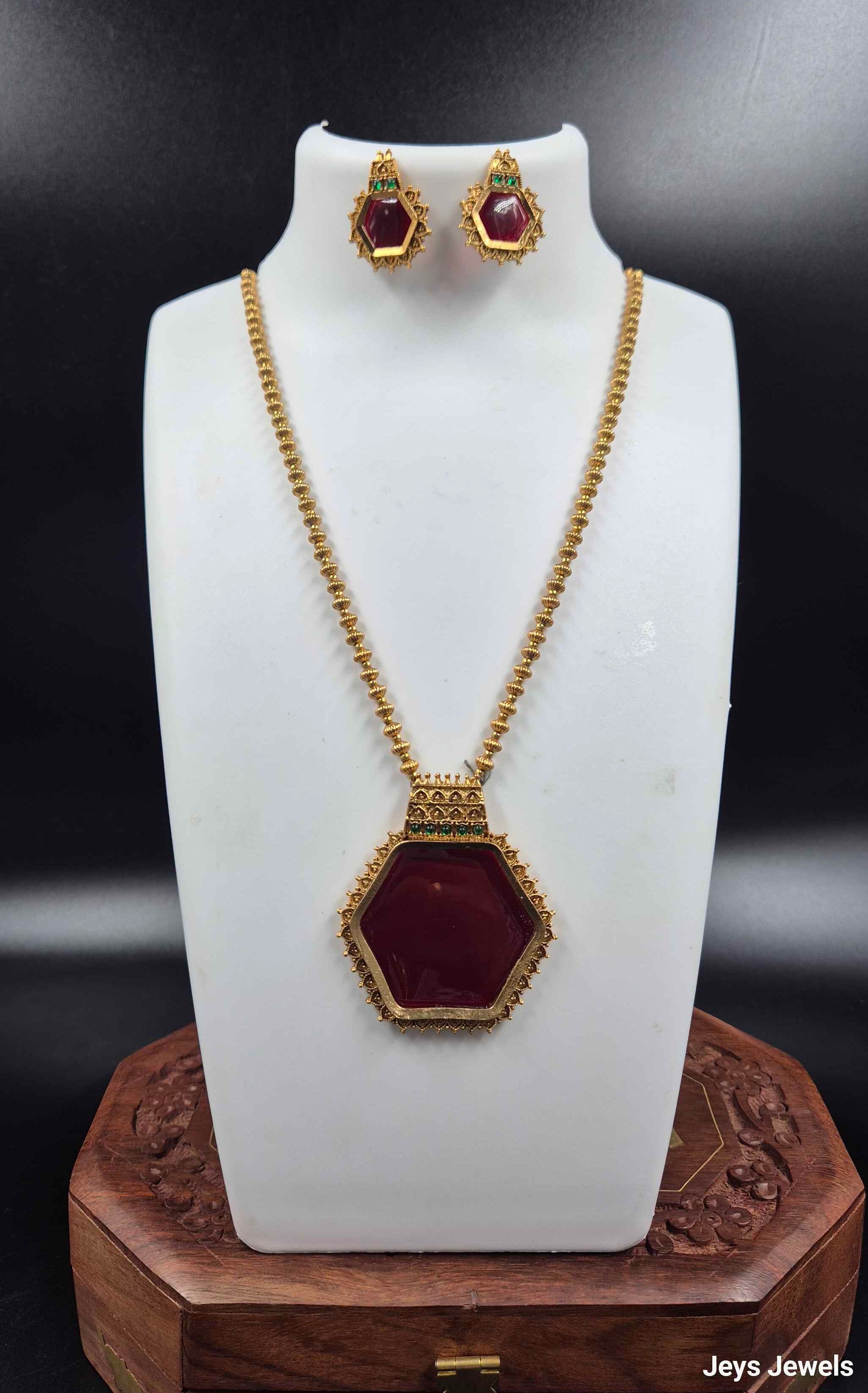 Hexagon Ruby Pendant Necklace Set with Matching Earrings
