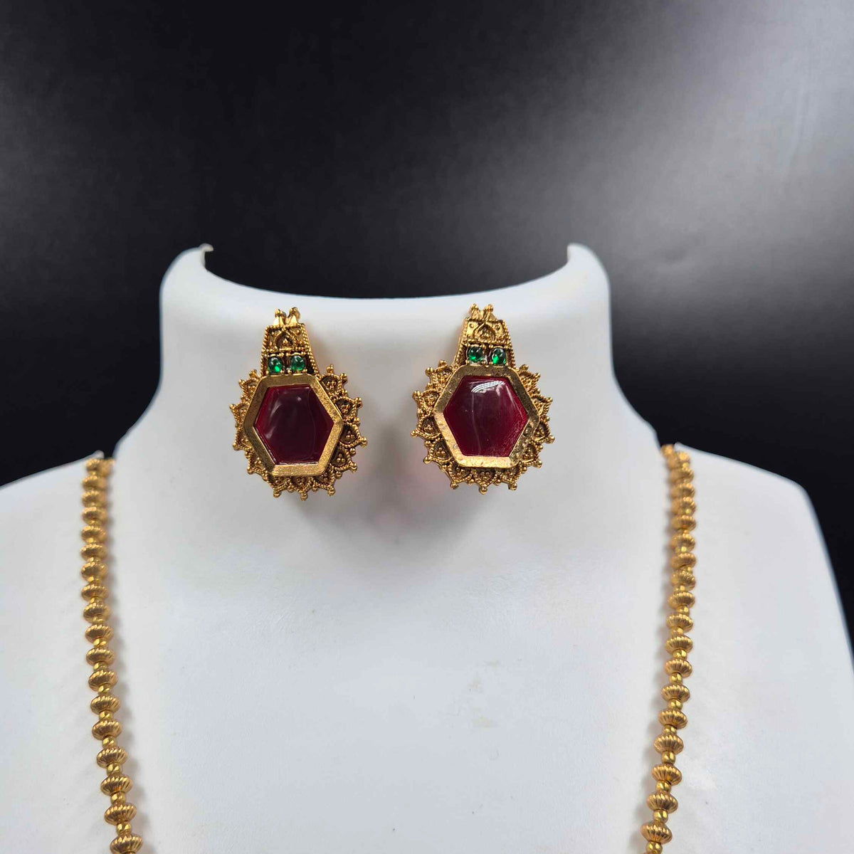 Hexagon Ruby Pendant Necklace Set with Matching Earrings