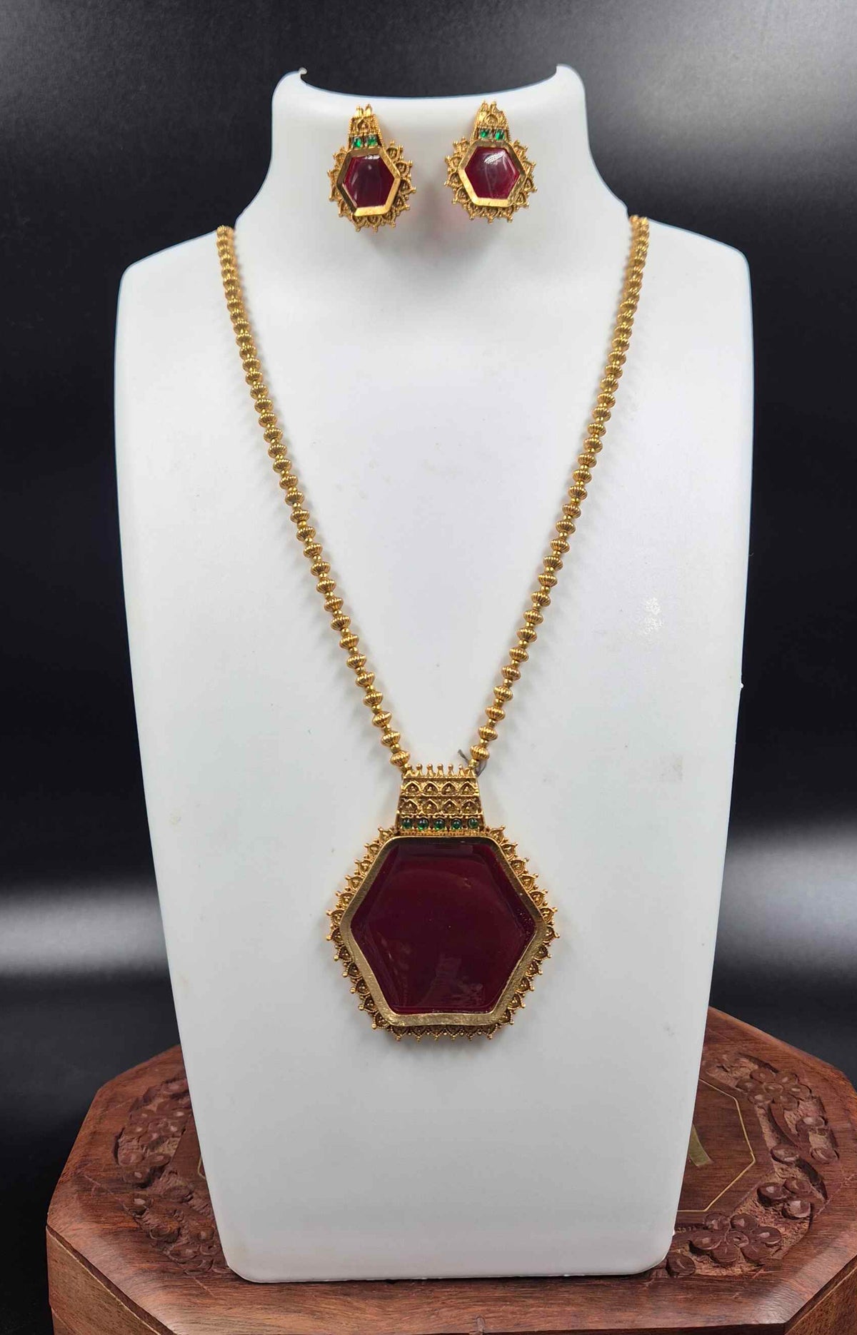 Hexagon Ruby Pendant Necklace Set with Matching Earrings