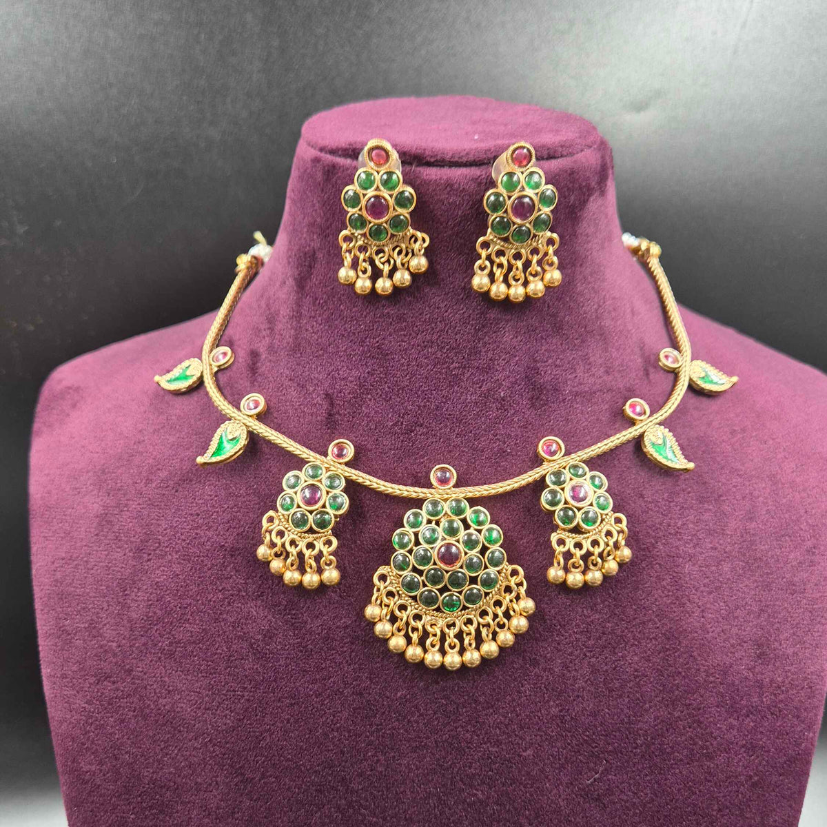 Green Atigai Necklace Set with Mango motif  Accents | Traditional Jewellery