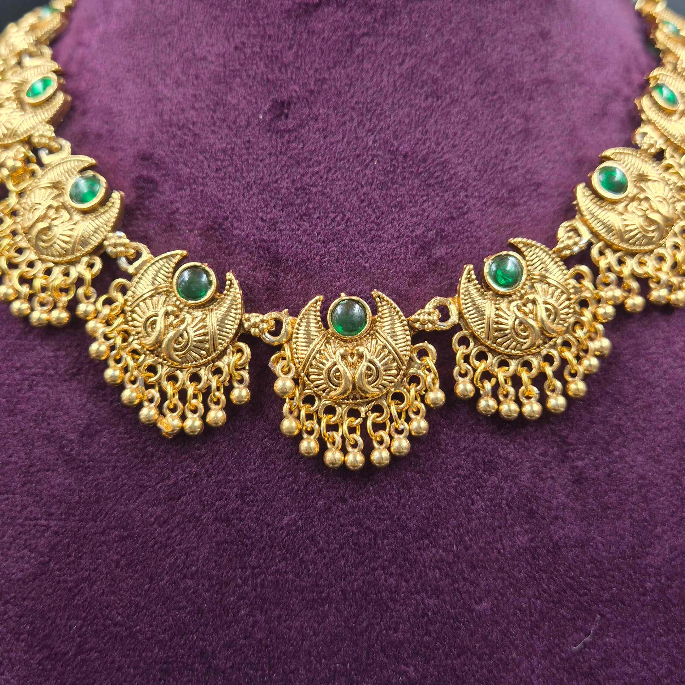 Crescent Moon Shaped Green Stone Necklace | Traditional Gold Jewellery