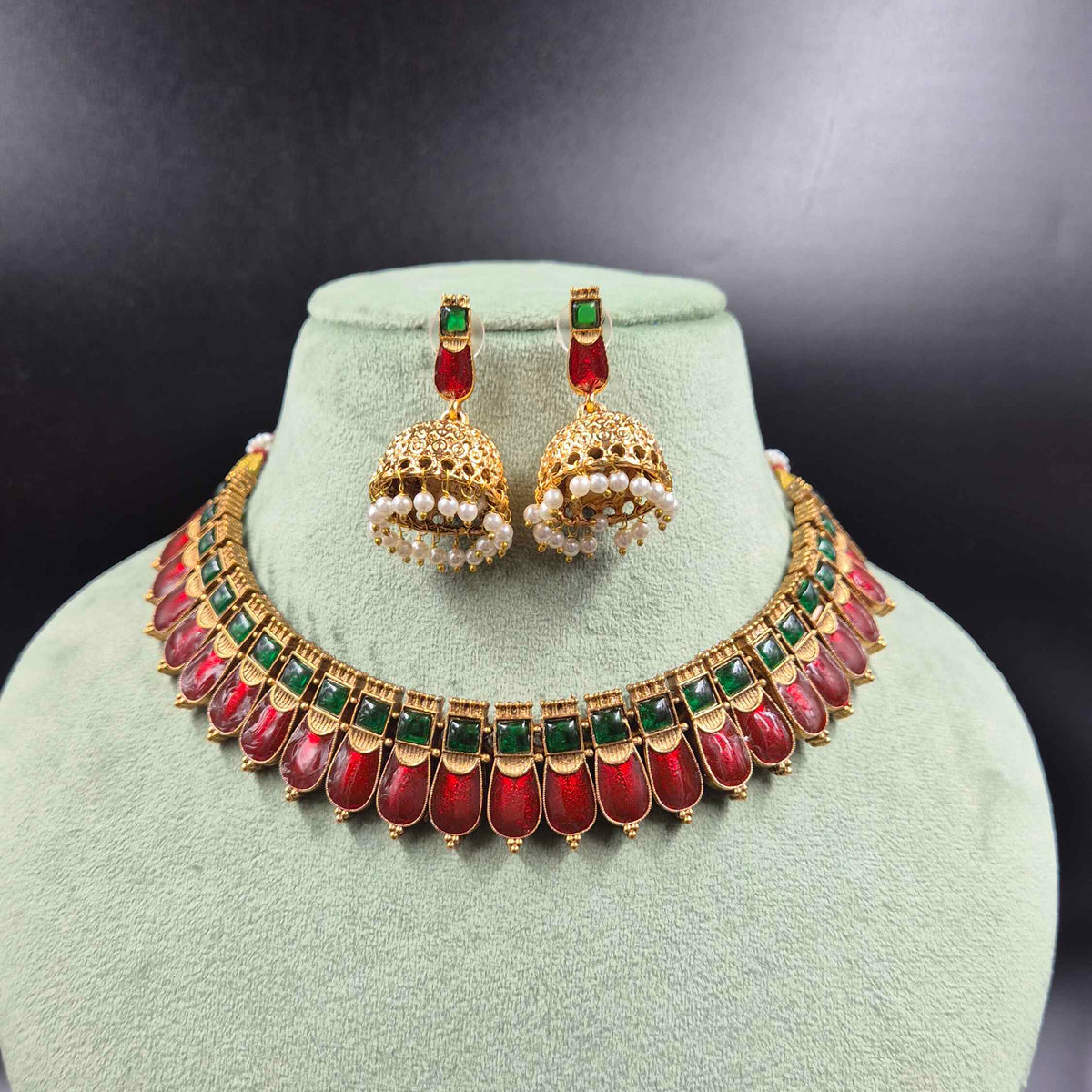 Red Palakka Necklace Set with Jhumka Earrings | Traditional Jewellery