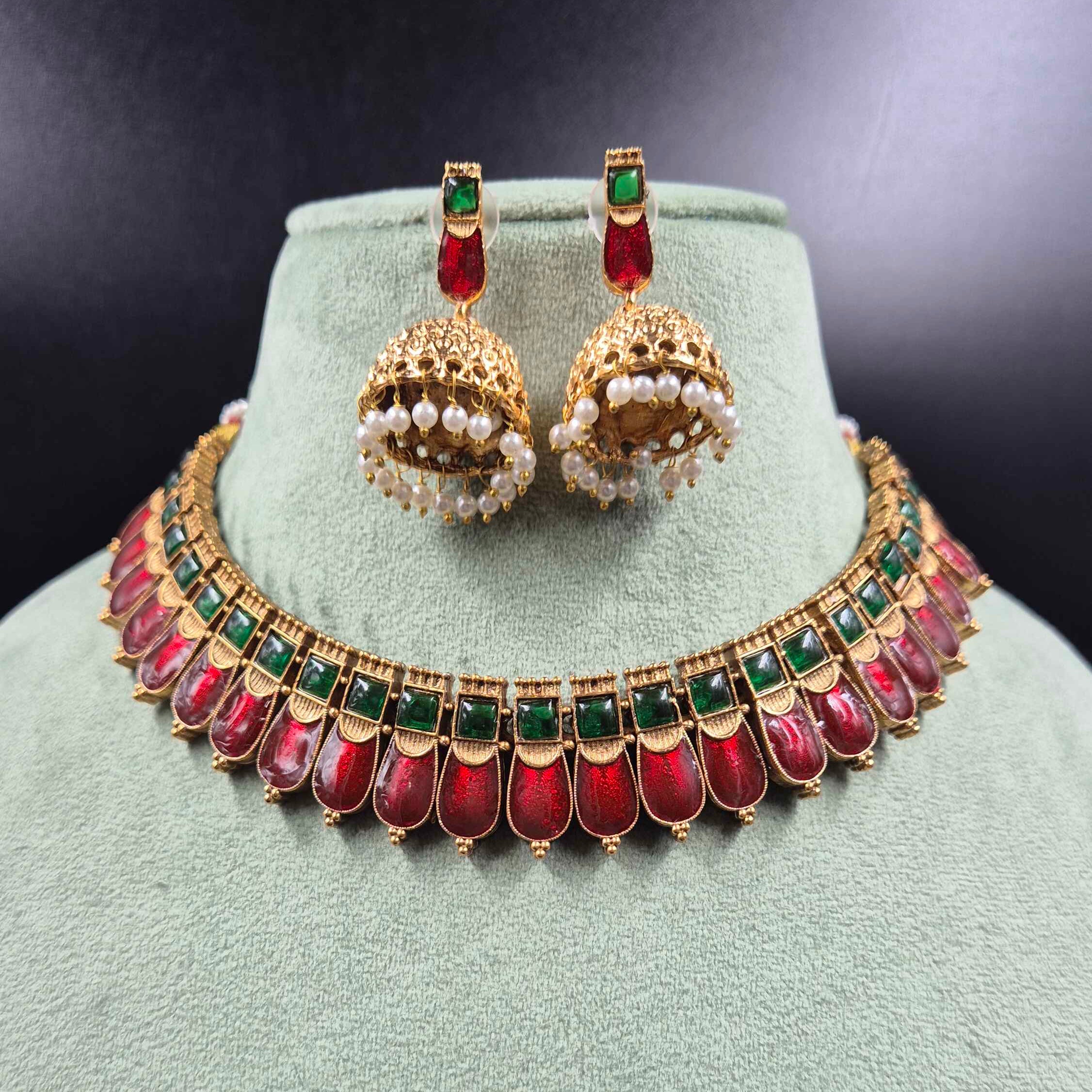 Red Palakka Necklace Set with Jhumka Earrings | Traditional Jewellery