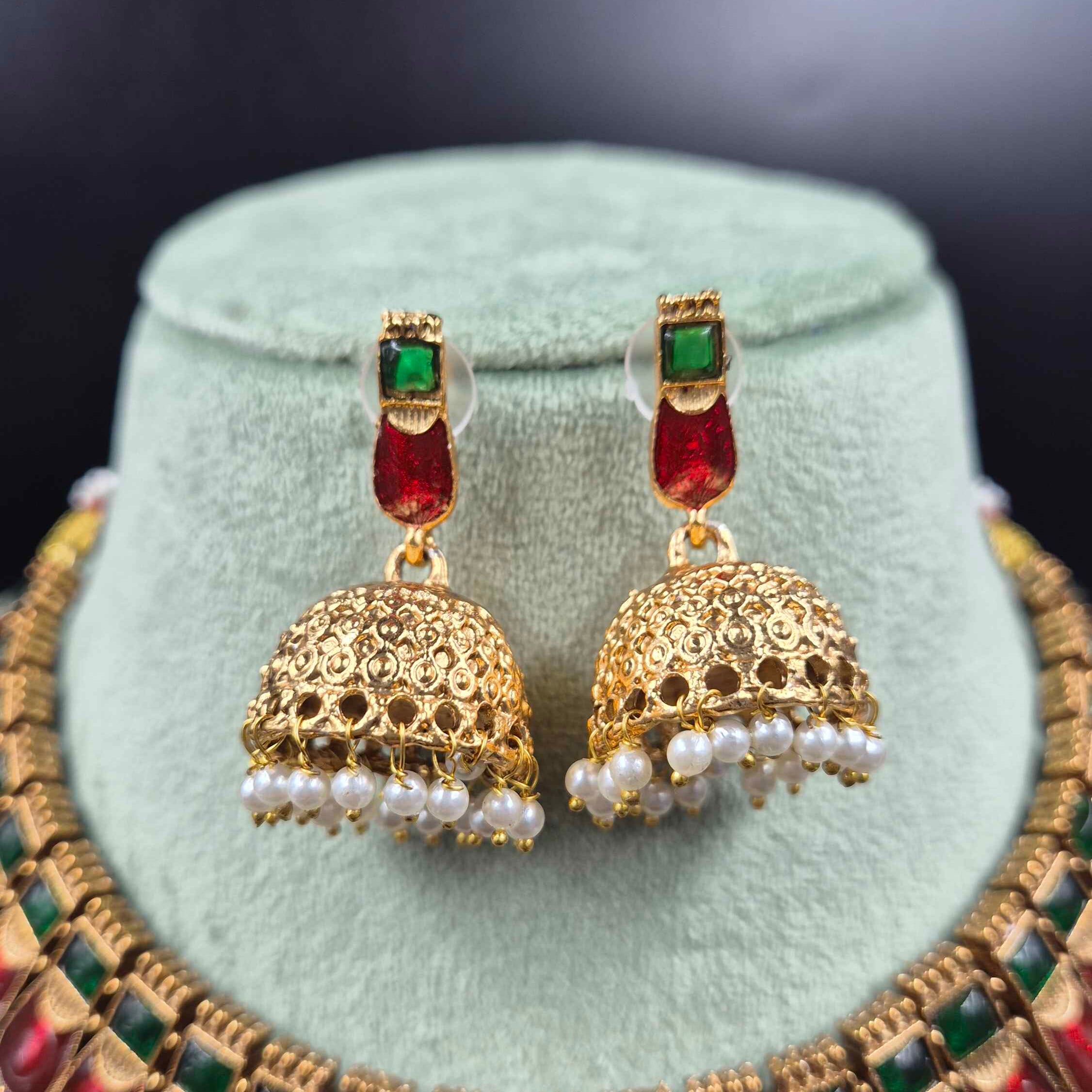 Red Palakka Necklace Set with Jhumka Earrings | Traditional Jewellery