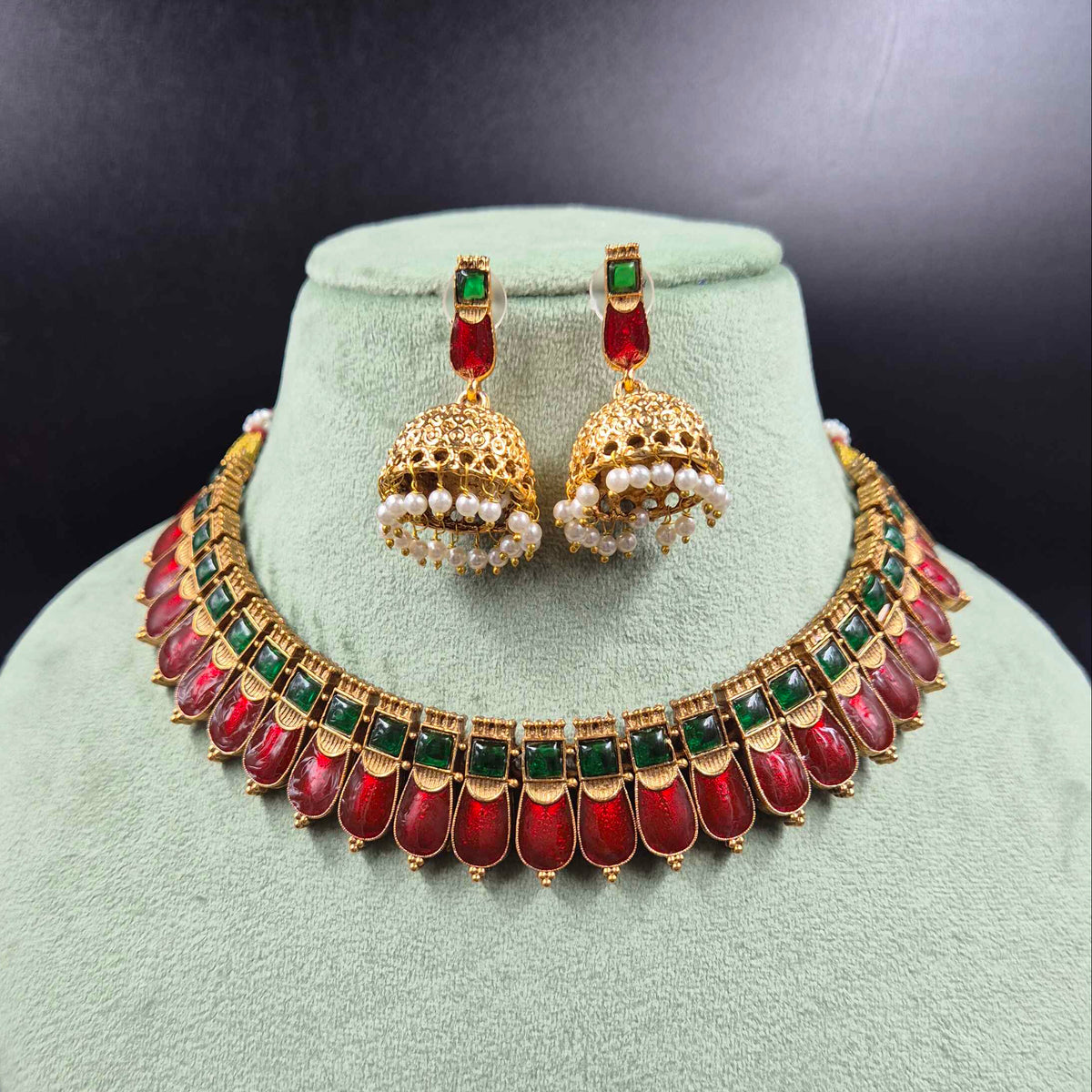 Red Palakka Necklace Set with Jhumka Earrings | Traditional Jewellery