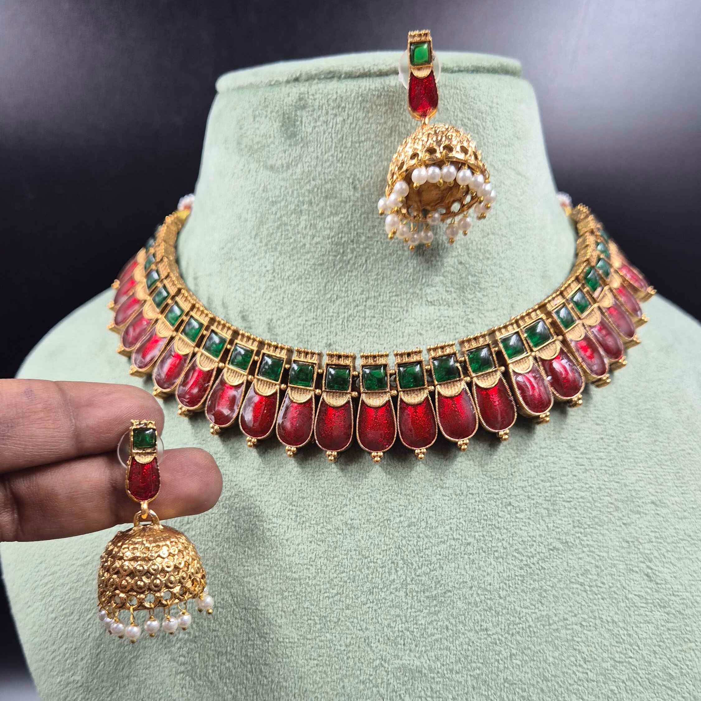 Red Palakka Necklace Set with Jhumka Earrings | Traditional Jewellery