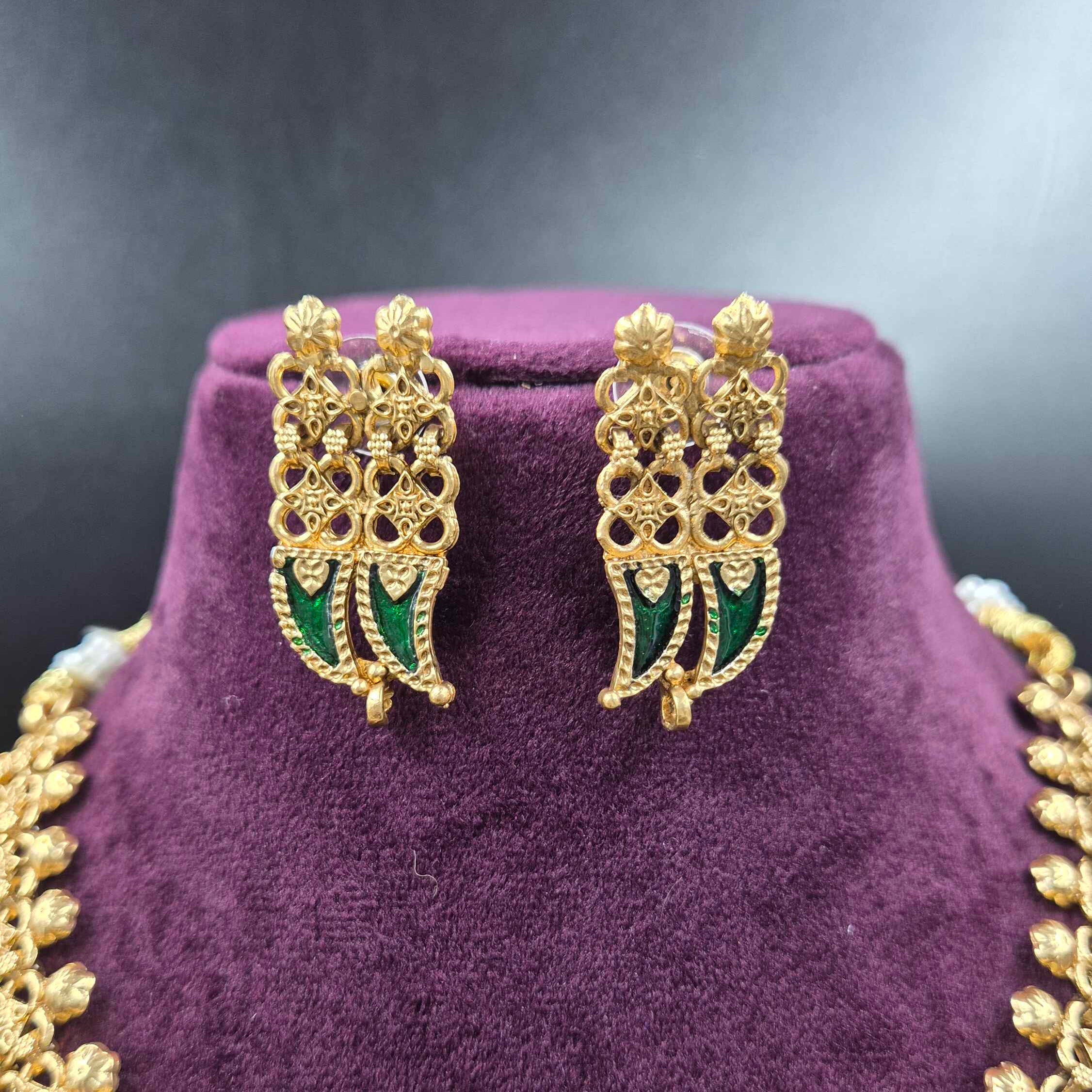 Green Palakka Design Gold Necklace Set | Traditional Temple Jewellery