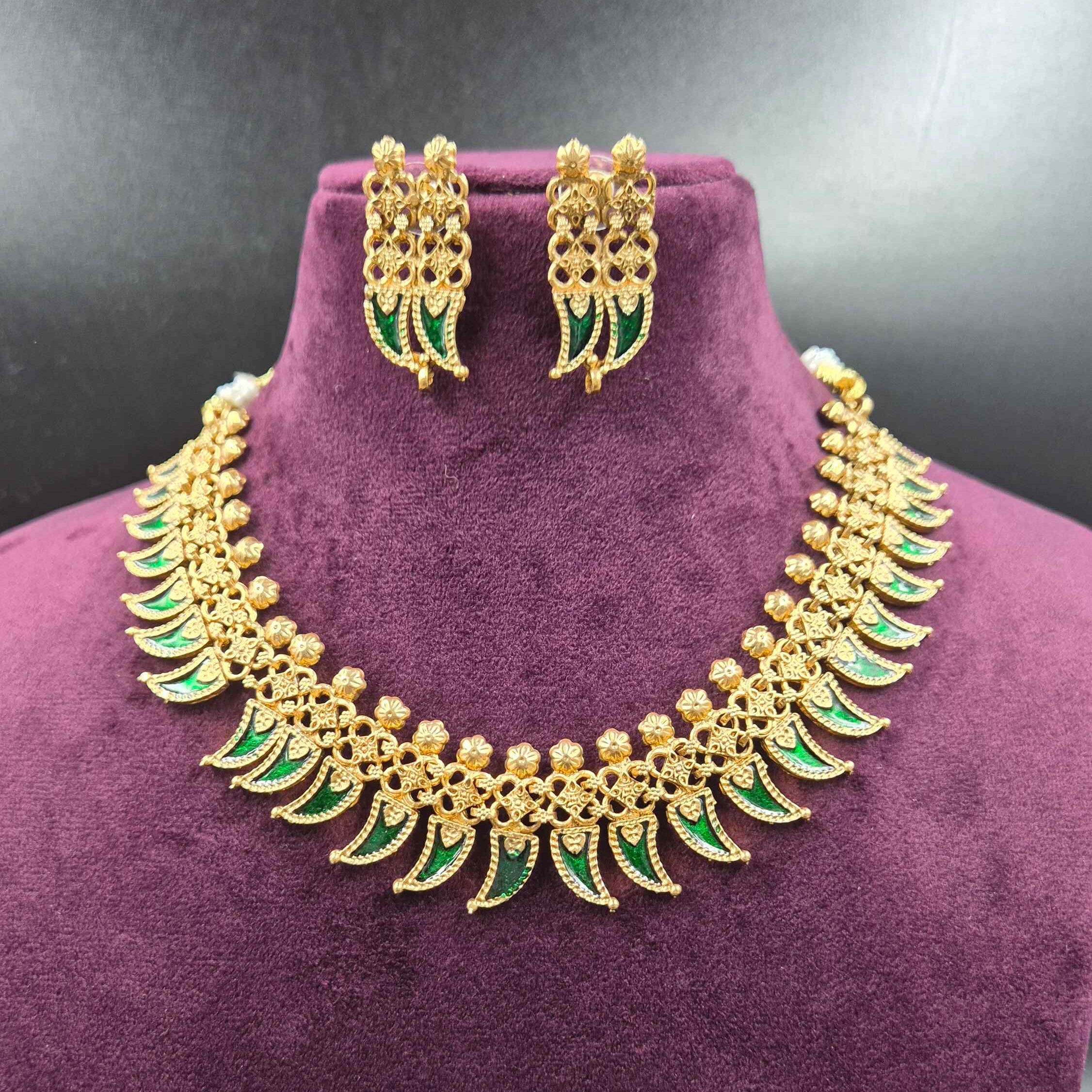 Green Palakka Design Gold Necklace Set | Traditional Temple Jewellery