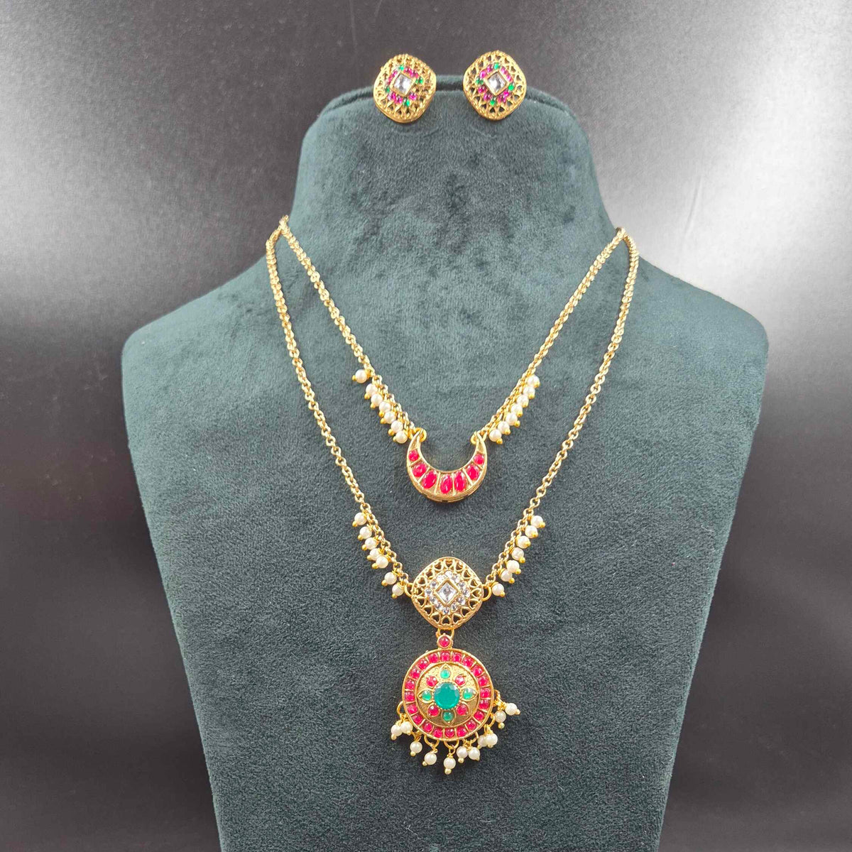 2 Layered Pendant  Necklace Set | Designer Gold Jewellery