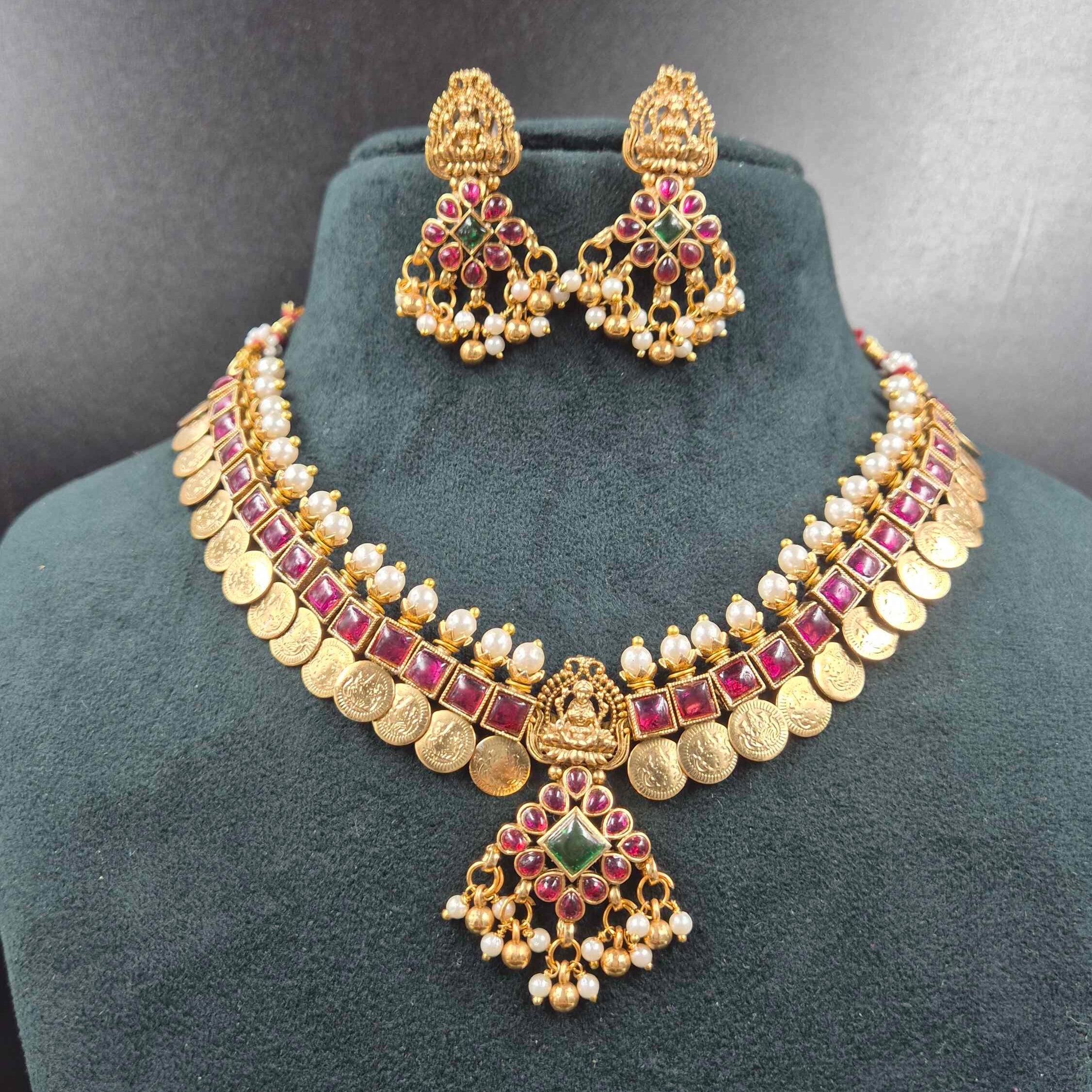Ruby red Kasu Mala Necklace Set | Traditional South Indian Jewellery