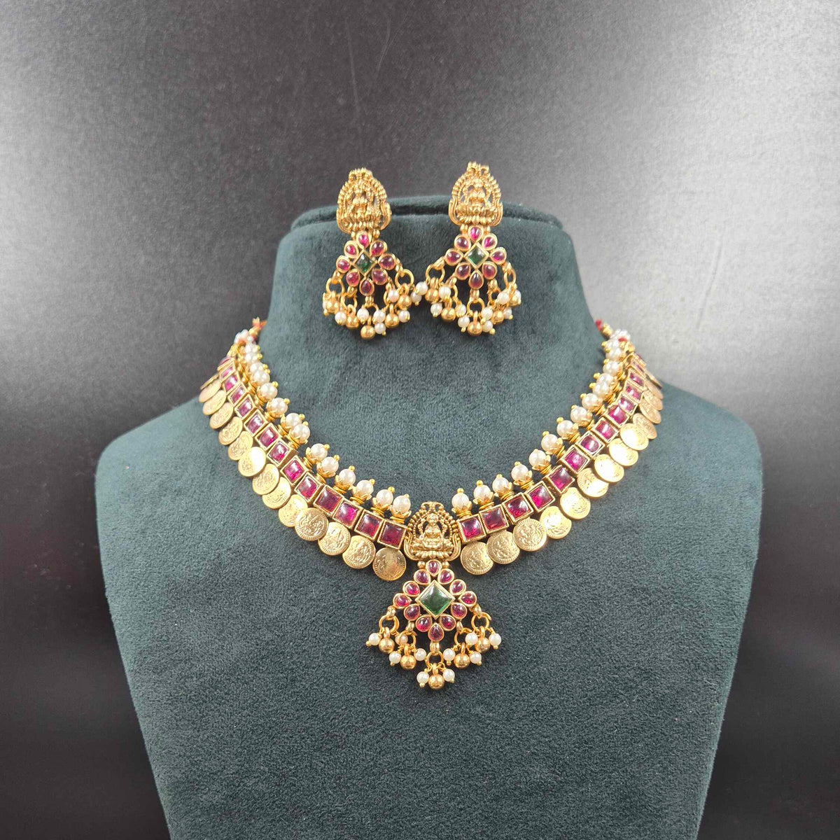 Ruby red Kasu Mala Necklace Set | Traditional South Indian Jewellery