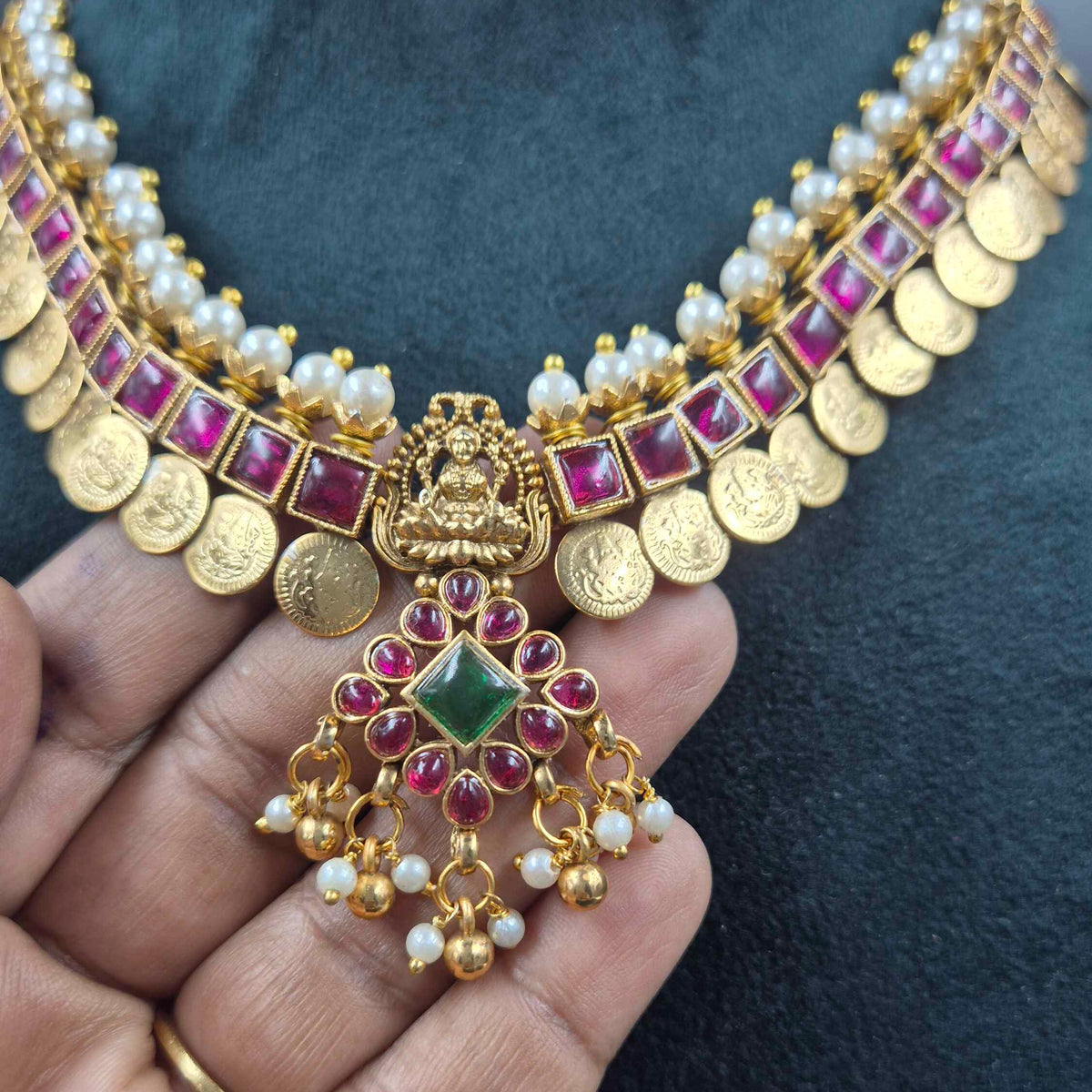 Ruby red Kasu Mala Necklace Set | Traditional South Indian Jewellery